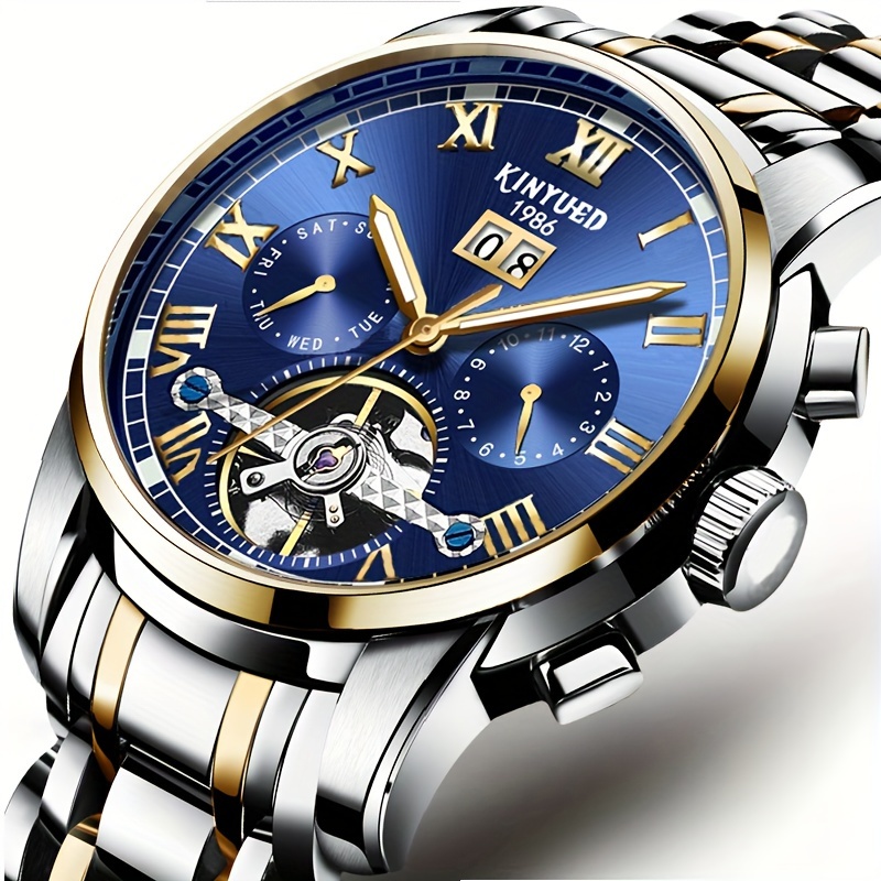 TEMU Kinyued Men's Watch Men's Watch Automatic Men's Watch -the-dark Mechanical Watch Stainless Steel Mechanical Watch Blue, Without Battery