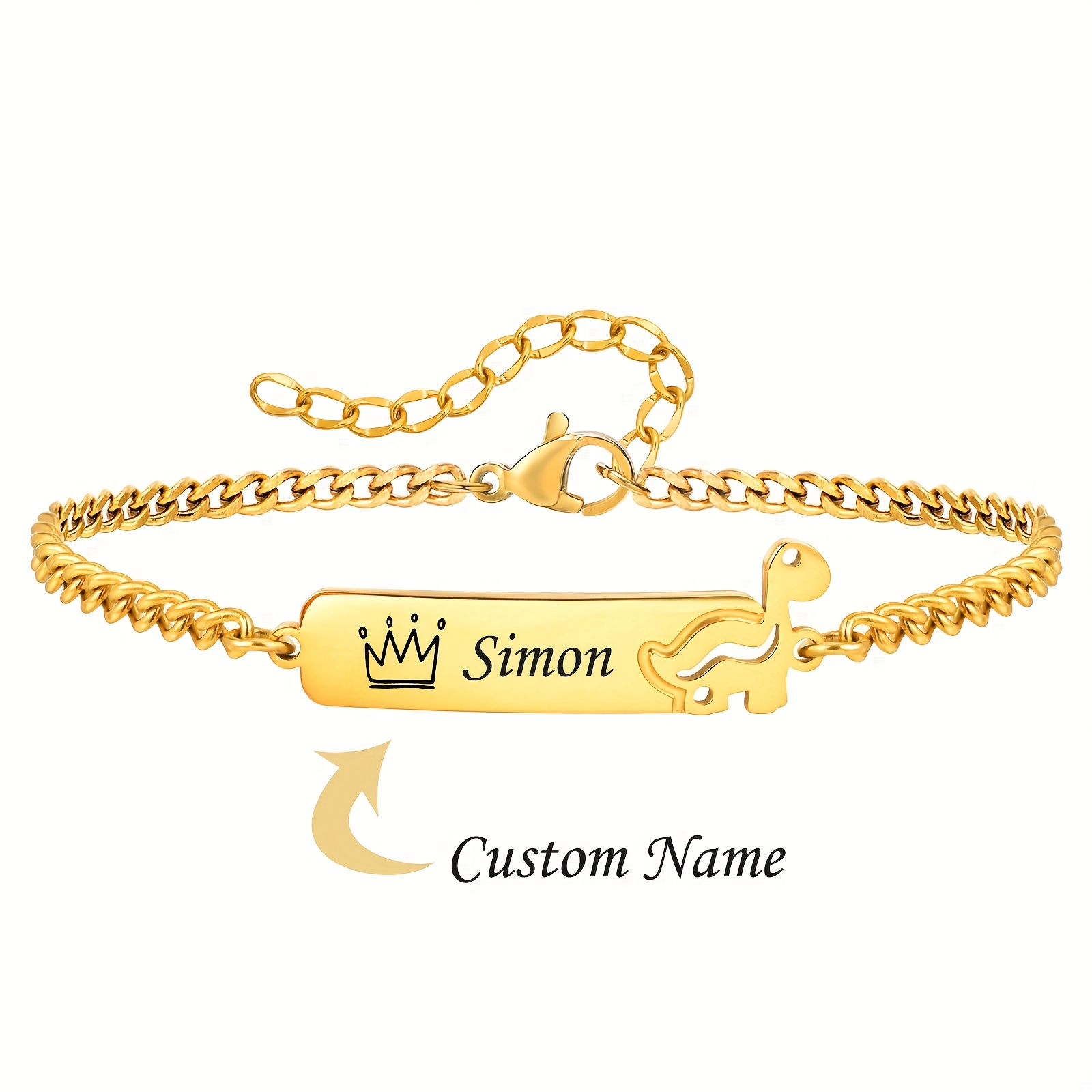 TEMU 1 Custom Name Bracelet, Cute Cartoon Dinosaur Pattern, 304 304 304 Stainless Steel Material - Life Exceeds 15 Years, Suitable For Birthday Gifts