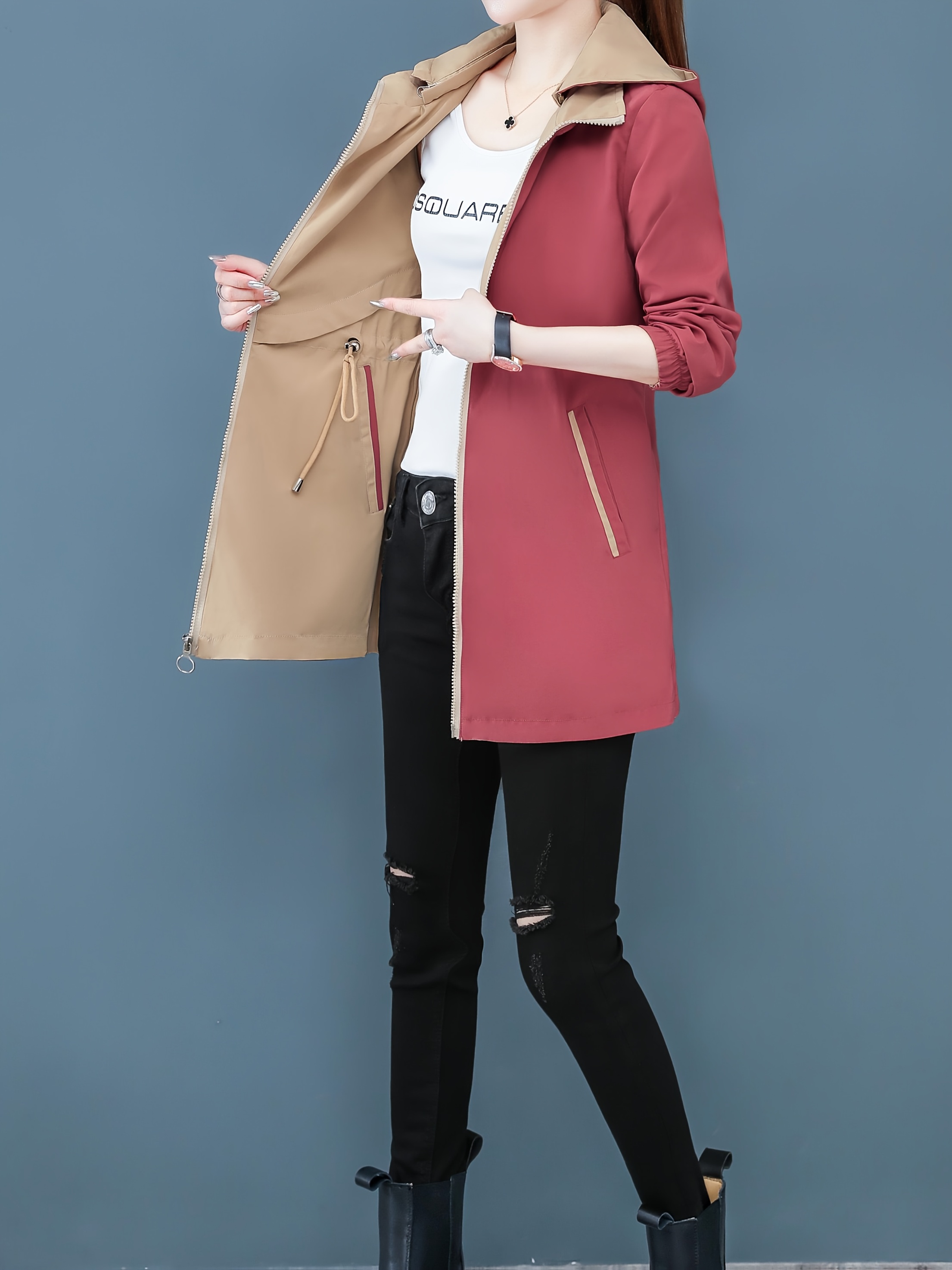 Abrigo Tipo Trench con Capucha Reversible para Mujer - Chaqueta Ajustada y Casual con Bolsillos Cremallados, Uso Doble Cara, Beige y Granate, Poliéster Ligero para Primavera/Otoño