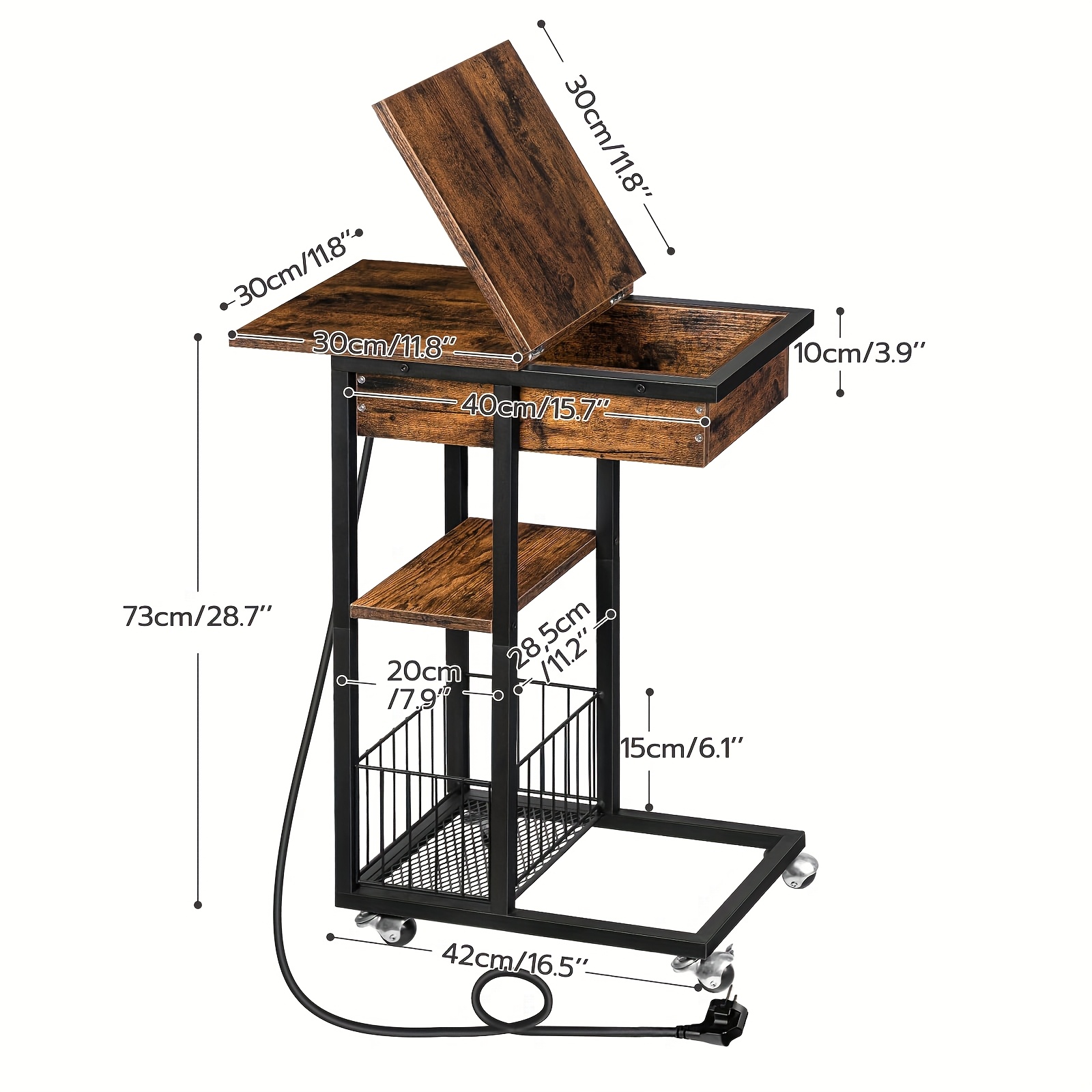 vintage style side table with charging station flip c shaped sofa end table multifunctional hardwood and metal coffee table with wheels and shelf european standard plug 220 240v for living room bedroom nightstand