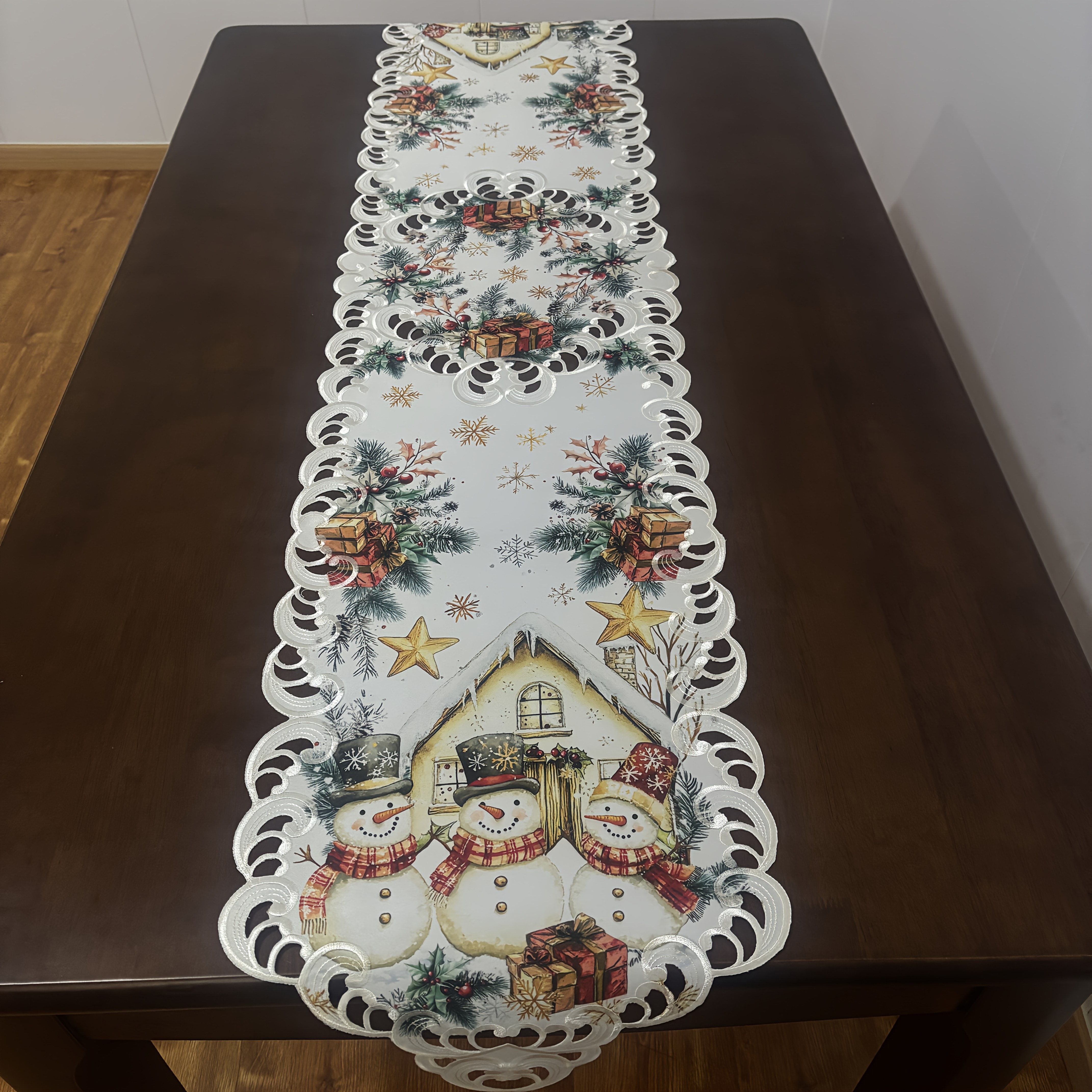 Christmas Holiday Table Runner 13x68 Inches Embroidered Printed Snowman Suitable For Home Christmas, , Dinner Table Decoration