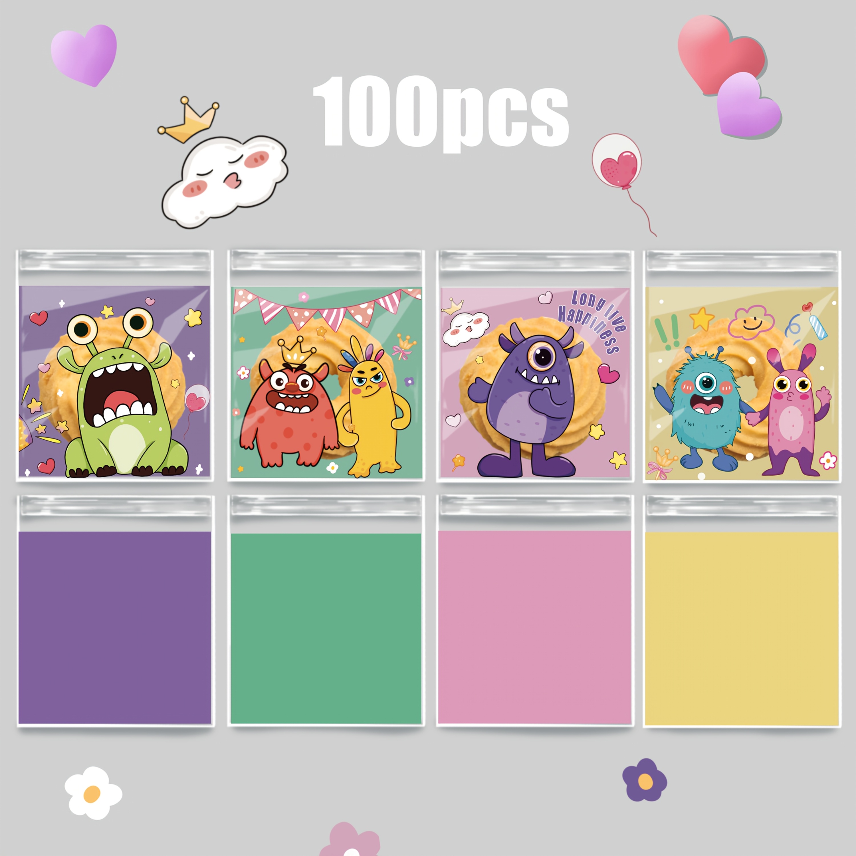 TEMU Lot de 100 sachets refermables série monstres de dessin animé pour fêtes, pour de biscuits et de bonbons, sachets d'emballage transparents