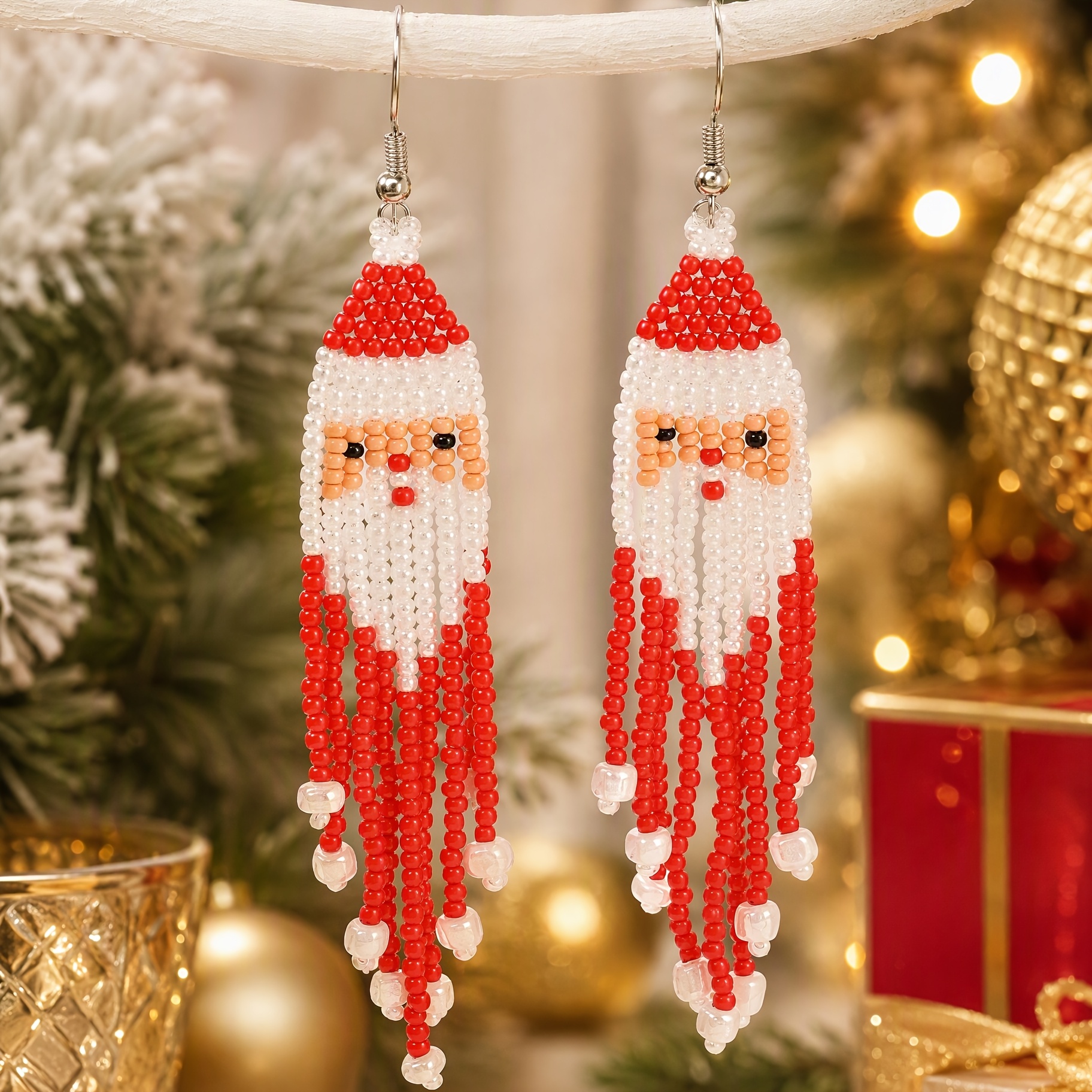 TEMU Boho Vintage Style Christmas Santa Beaded Fringe Earrings For Women, Handmade Red And Bead Tassel Dangle Drop, Holiday Party Additions