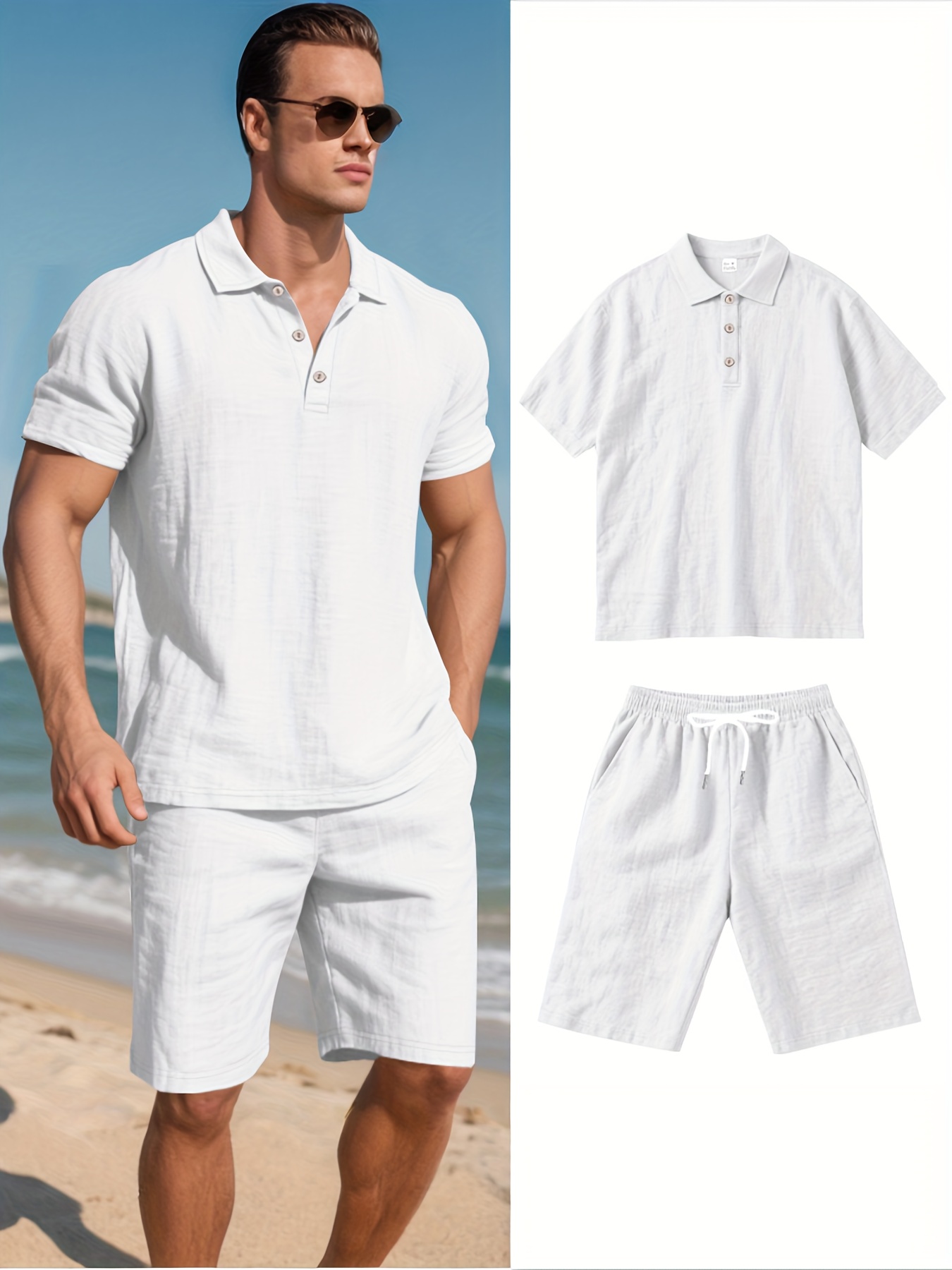 Men's Linen Short Sleeve Shorts Set, Summer Outdoor Sports Casual Breathable Short Sleeve Shirt with Shorts