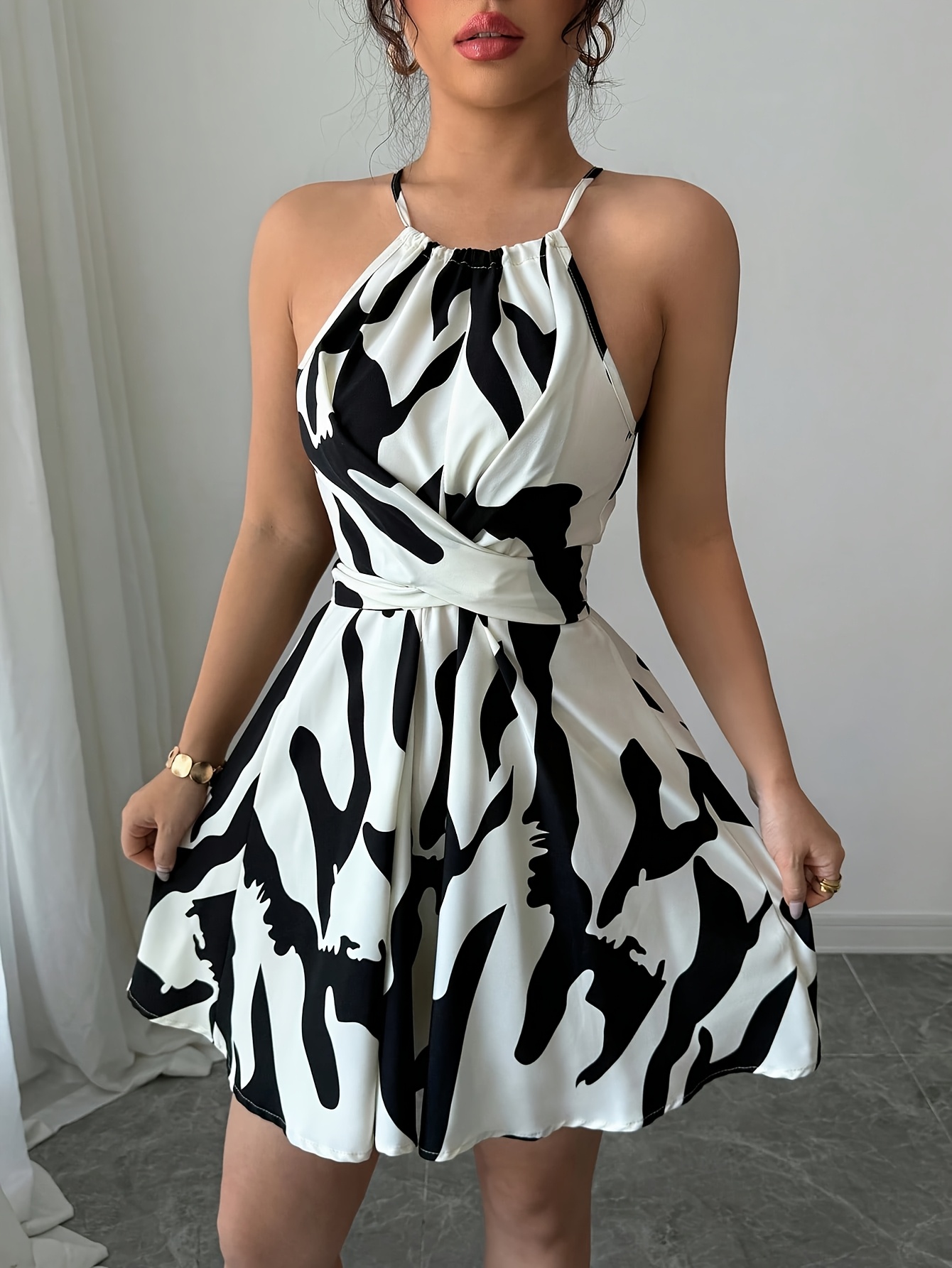 womens elegant black white zebra print halter neck