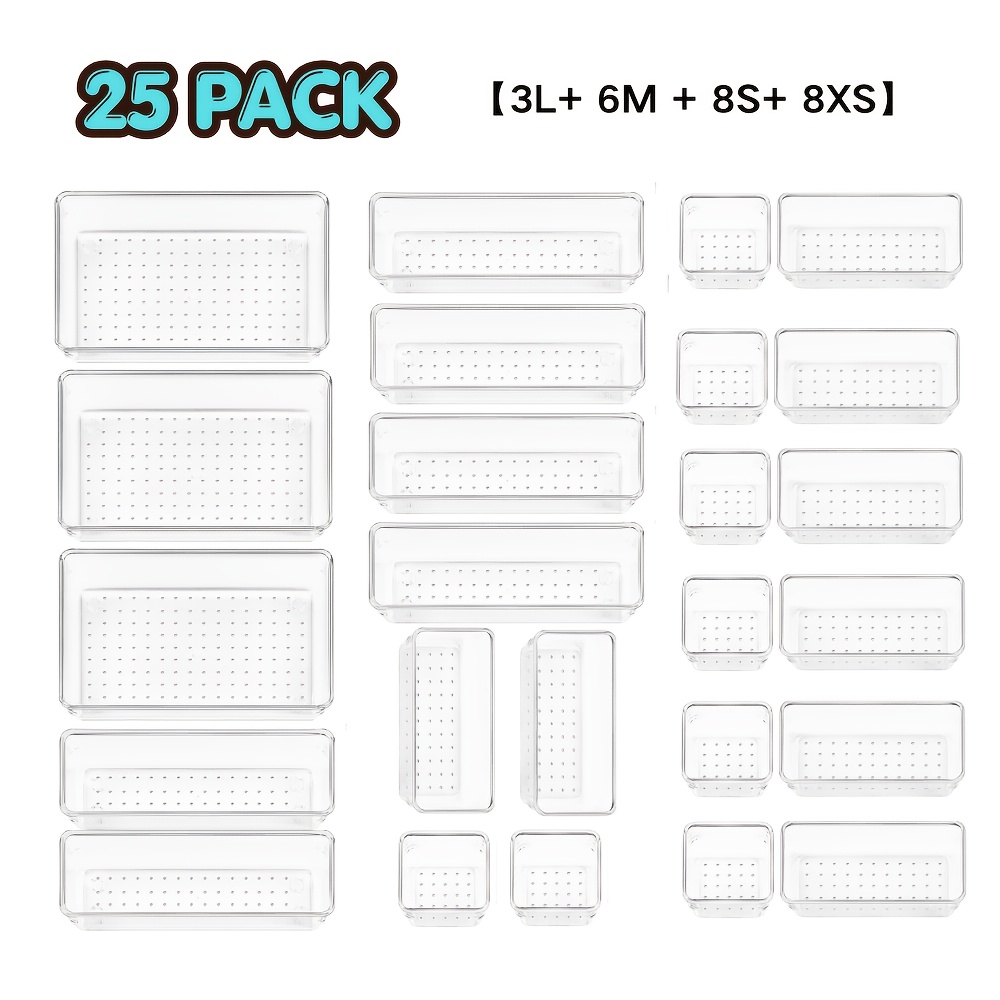 TEMU Boîte de rangement polyvalente pour sous-vêtements, 4 tailles, lot de 25 organisateurs de tiroir en plastique transparent, convient pour le