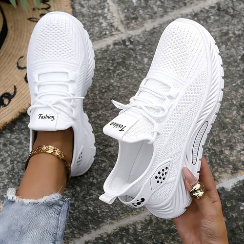 sneakers womens white low shoes lightweight and breathable mesh air cushion technology lace up closure all white suitable for fitness walking comfortable tennis