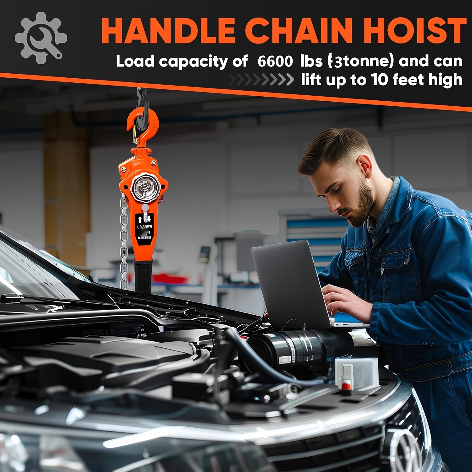 

[] Heavy-duty 10ft Orange Hoist Chain - Manual Ratchet Lifting Equipment For Cars & Industrial Use, 6613.9lbs Capacity, Alloy Steel & G80 Steel Construction