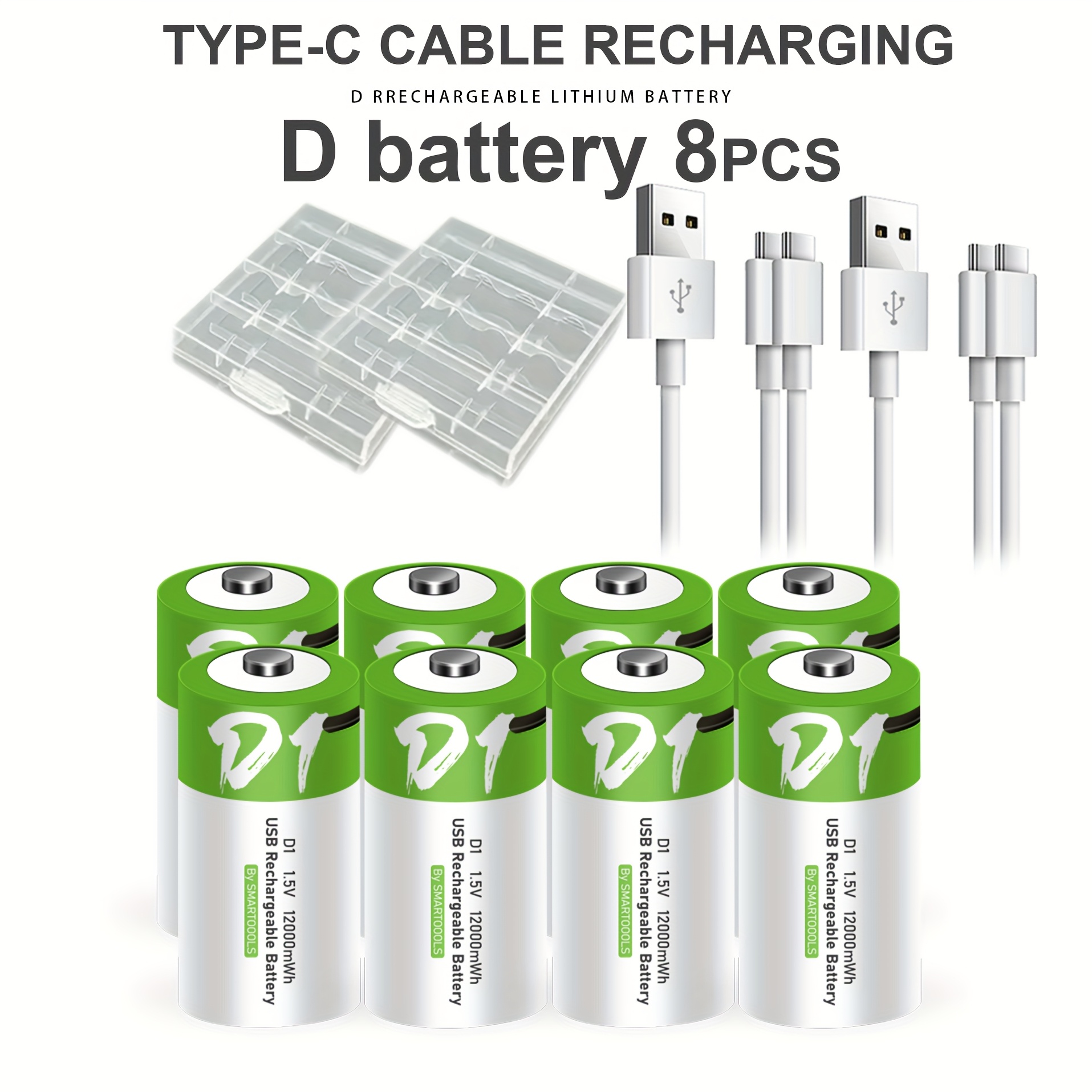 TEMU Set Of 8 D Batteries, Rechargeable Lithium Batteries With Usb/type-c, Featuring A High Capacity Of 1.5v 8000mah 12000mwh, Of Fast Charging In 3