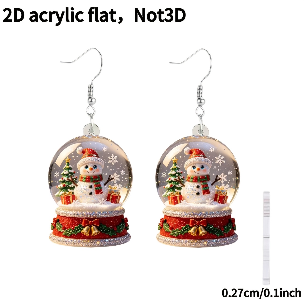TEMU 2d Flat, 1 Pair, Christmas Ball With Snowman Pattern Acrylic Earrings, Women' Earrings, Modern And , Suitable For Daily Casual Wear, Parties,