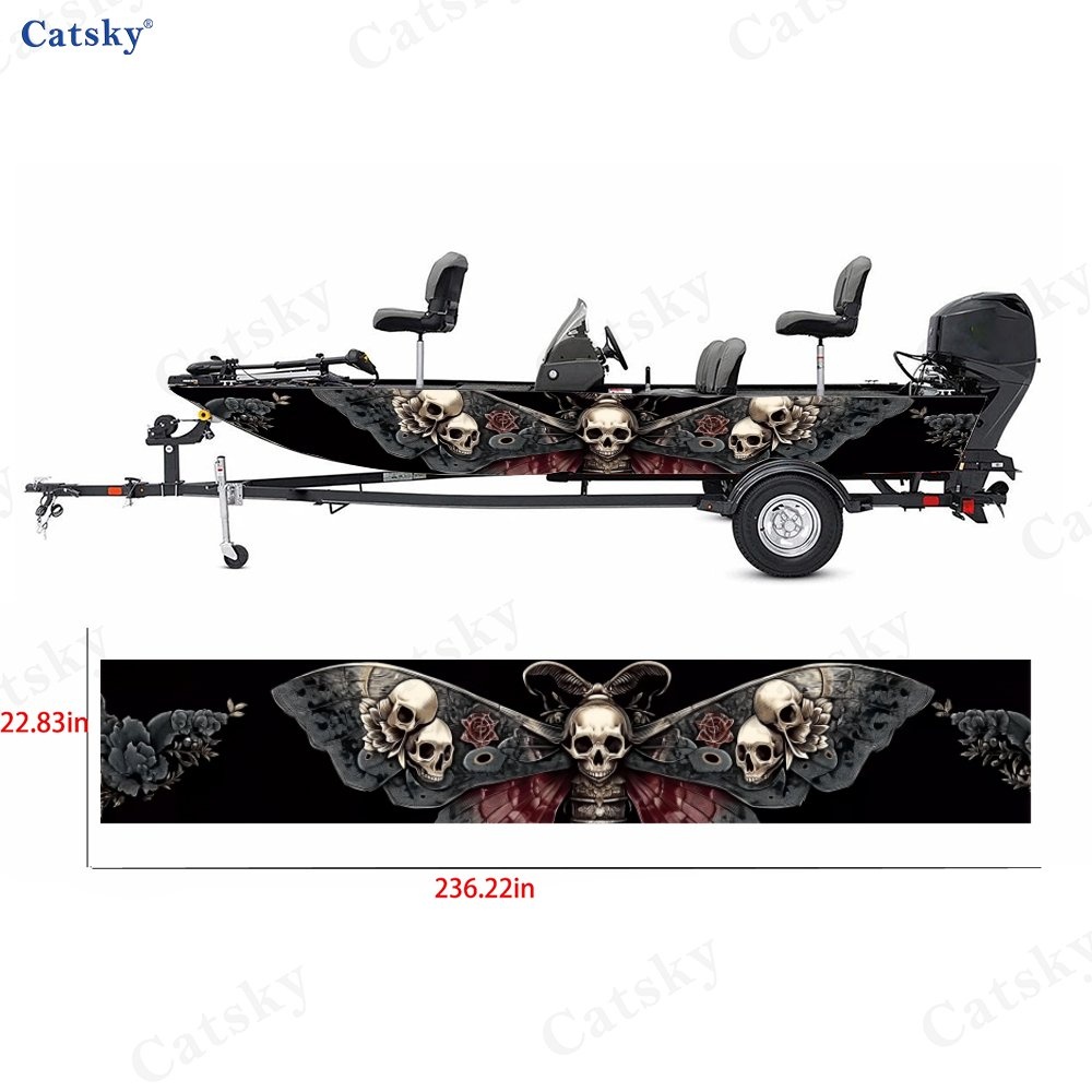 2-Pack Gothic Style Skull Wing Floral Boat Decals, Scratch-Resistant Stickers