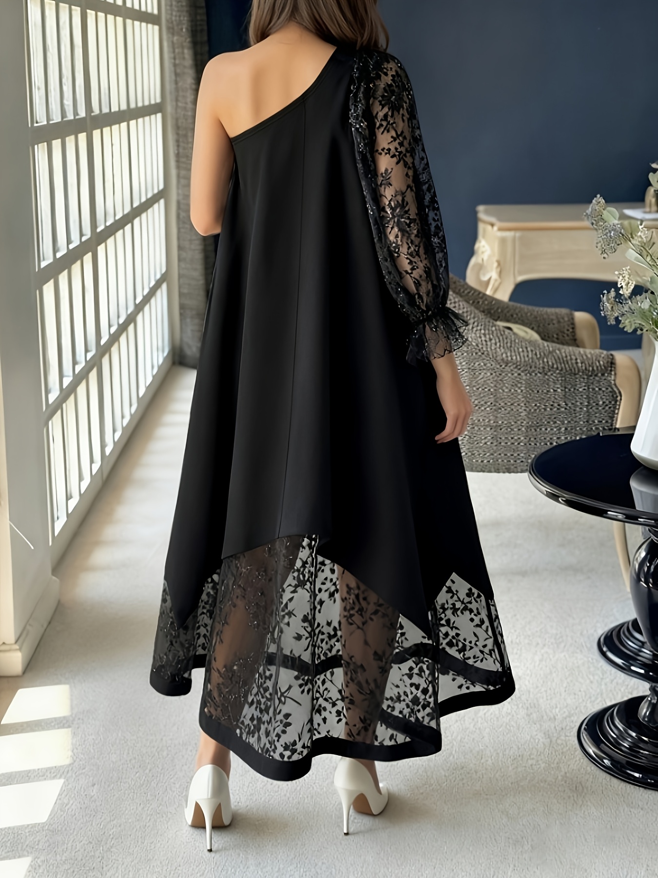 loose fitting one shoulder dress One shoulder loose asymmetric maxi dress | Negro