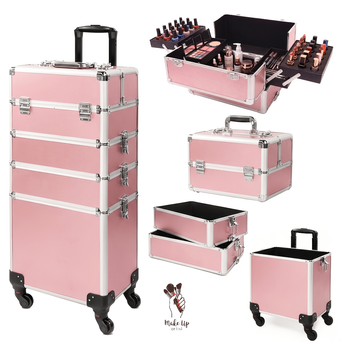 TEMU Valise cosmétique roulante 5 étages (avec plateau extensible, serrures dorées et charnières renforcées), chariot cosmétique à roulettes grande ,