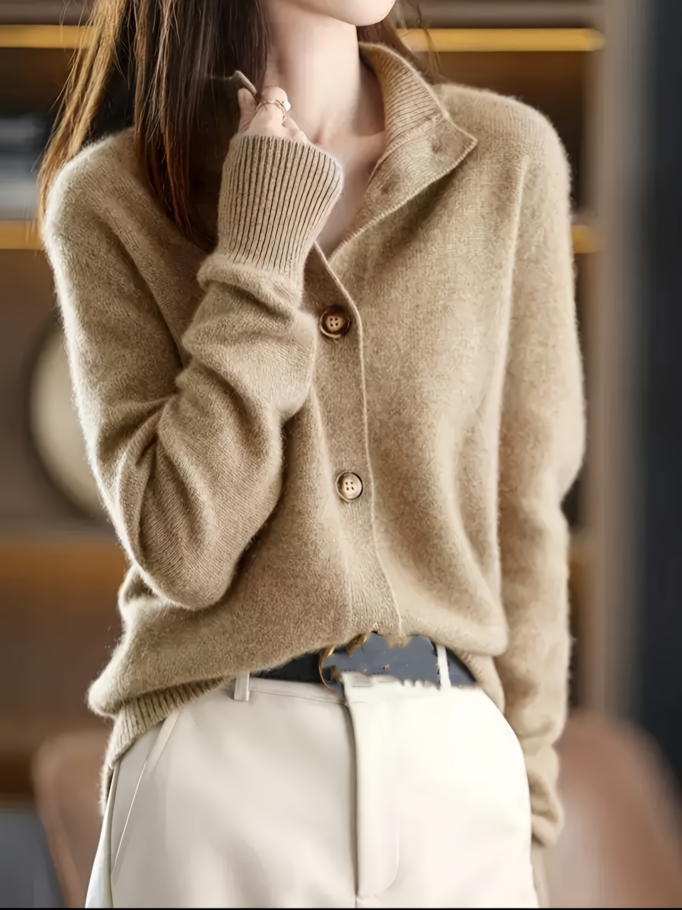 Damen Eleganter Acryl Strick Cardigan, Stehkragen Einfarbig Pullover mit  Knöpfen, 45% Acryl 29% Polyester 26% Herbst/Winter Warme Strickwaren