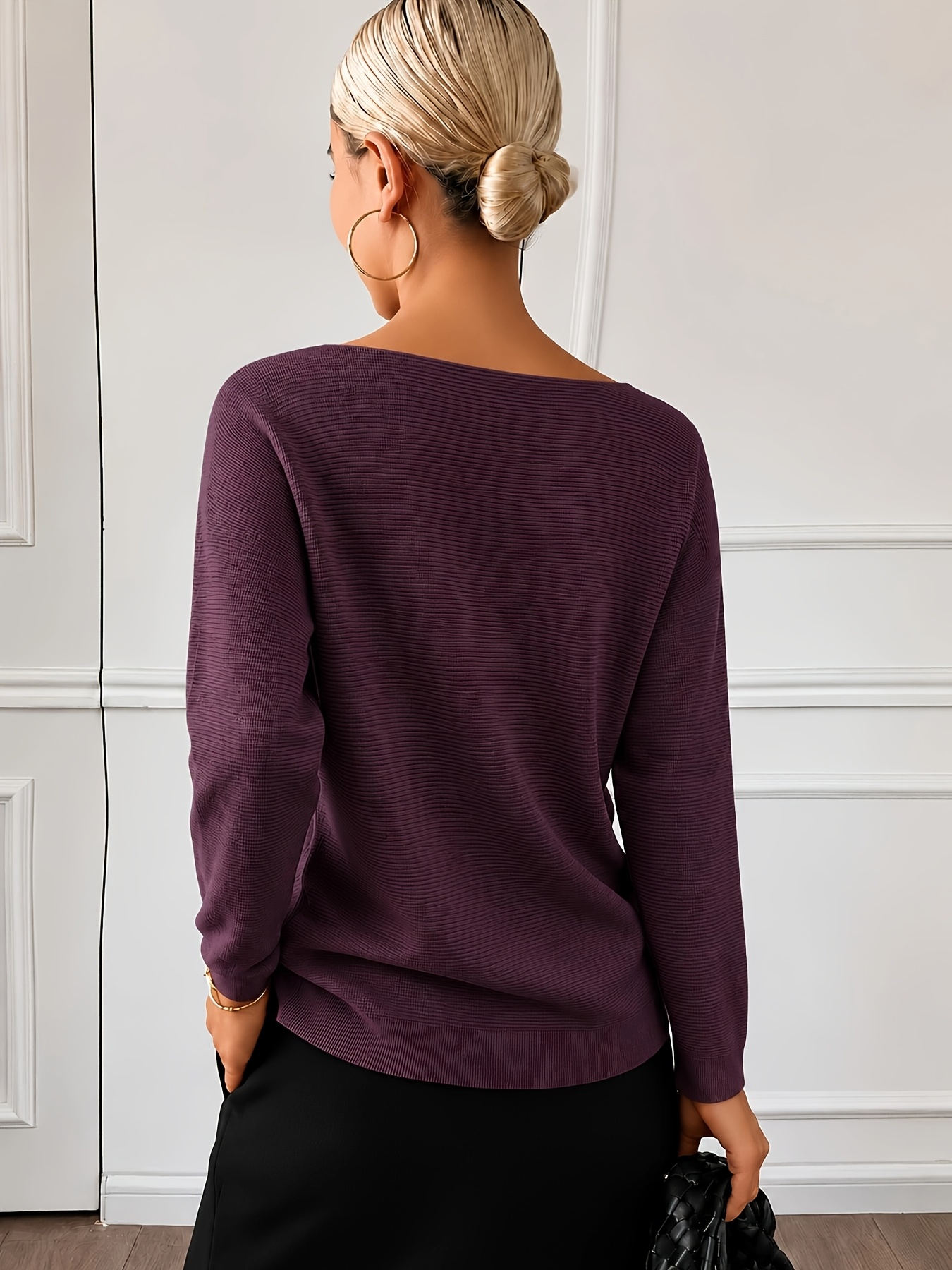 einfarbige, lockere rundhals-bluse, langarm-pullover mit schulterfreiem ausschnitt, lässige alltagsbluse