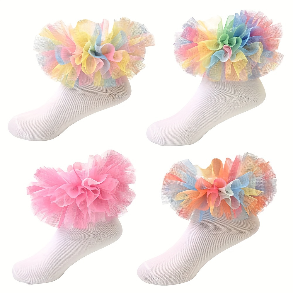 

1 Pair Of Girl's Cotton Blend Colorful Lace Trimmed Ankle Socks, Comfy Soft Socks For Toddlers All Seasons Wearing