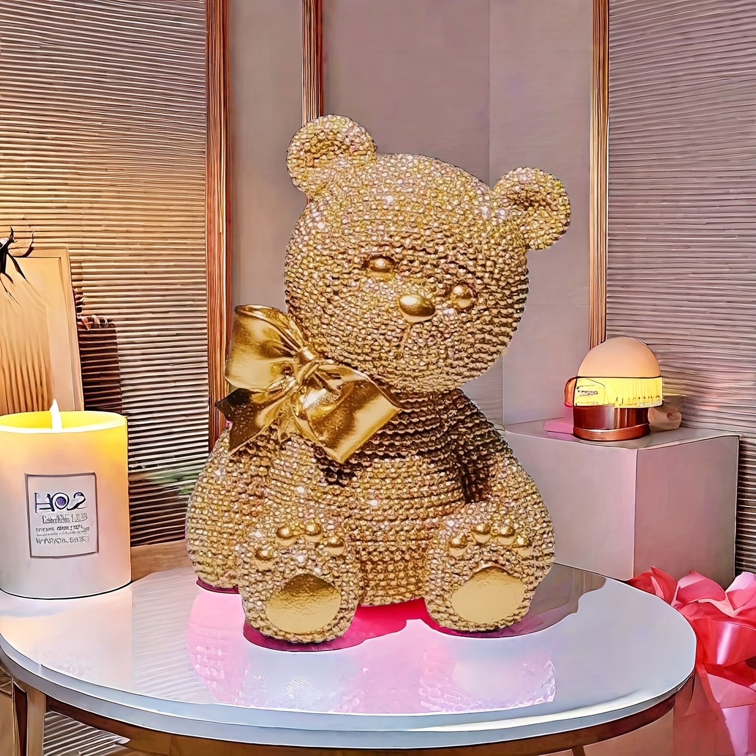 

1pc Sparkling Golden Beaded Teddy Bear With Large Bow - Elegant Resin Art , Perfect Valentine's Day Gift, Ideal For Bookshelf, Living Room, Or Office Decor - Luxurious Abstract Art Piece For A Touch