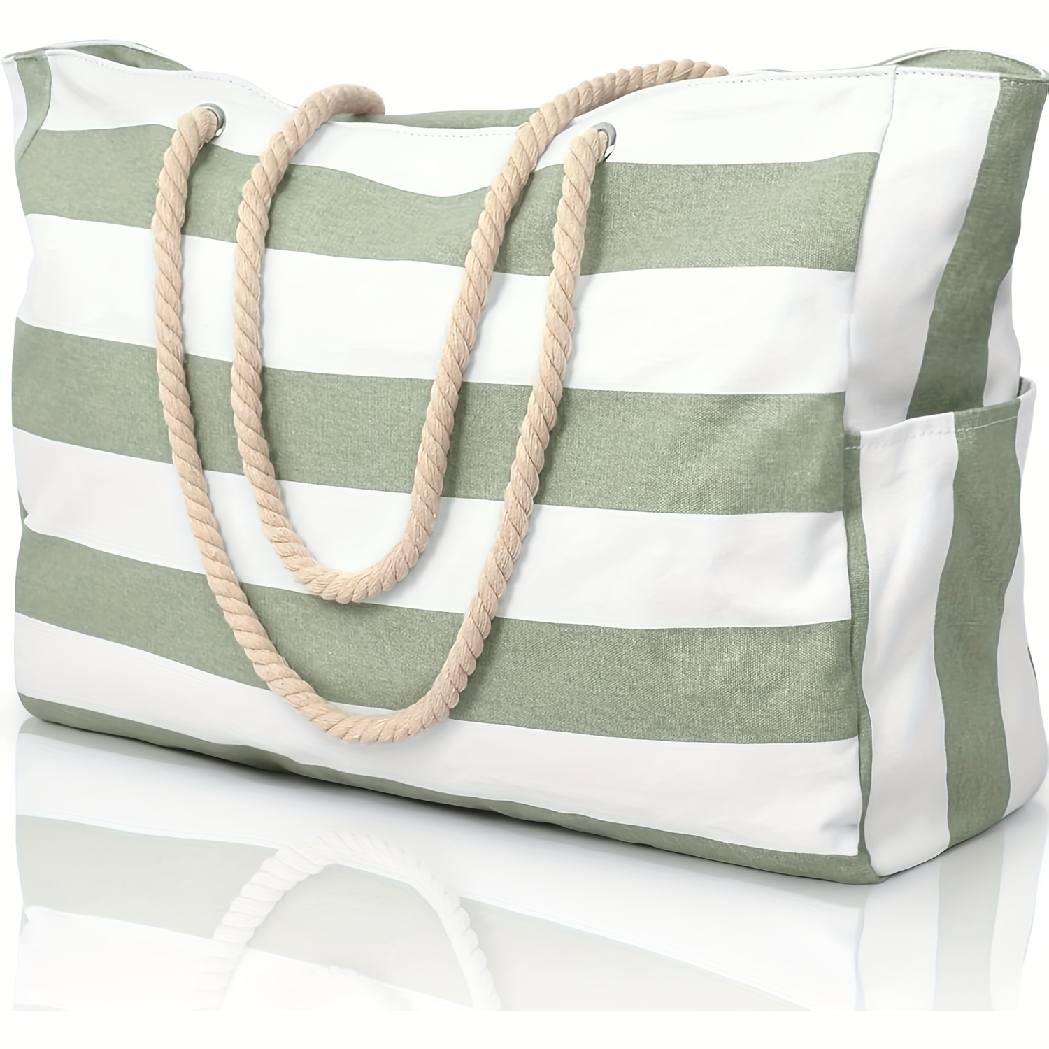 TEMU 1pc Women's Striped Beach Tote Bag - Large Capacity, Travel And Pool Tote Bag, With Zipped Pockets, Can Mobile Phones And, Durable Polyester