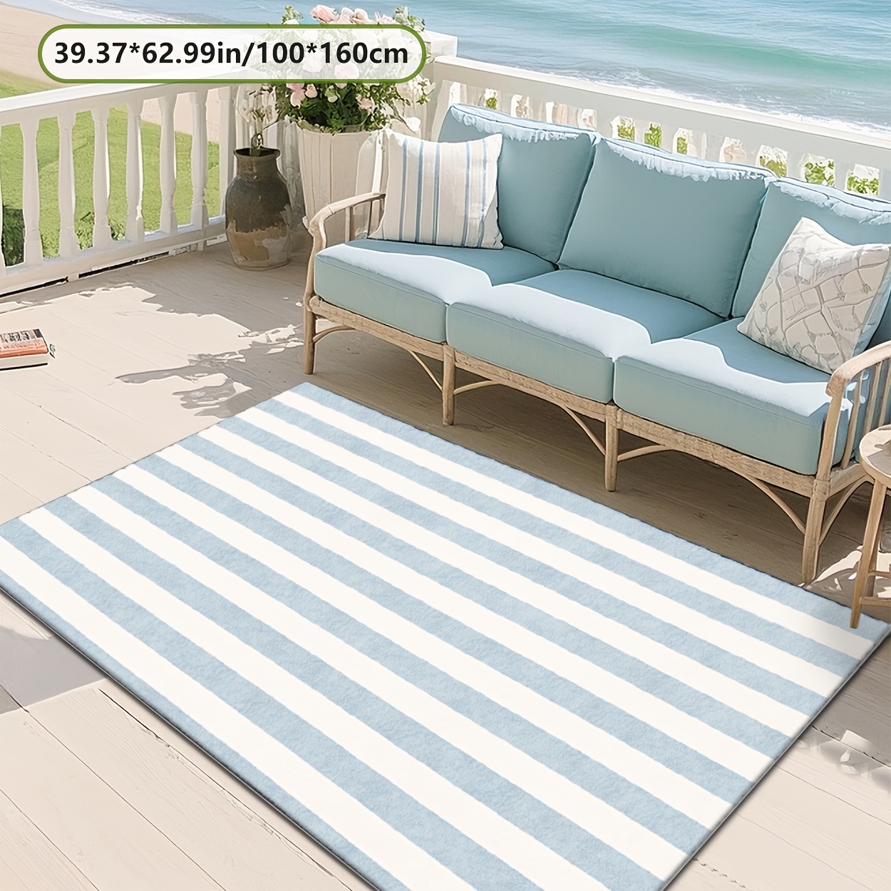 TEMU 1 tapis décoratif d'extérieur à rayures, couleur bleu et blanc | Ultra- | Design polyvalent | Convient à divers environnements extérieurs et les
