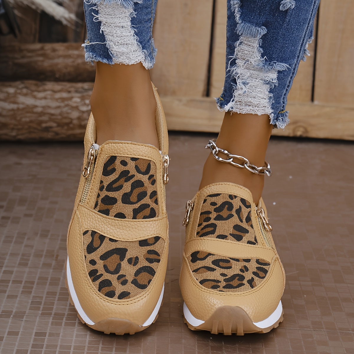 Metallic Animal Print Slip On Sneakers Women's Brown Leopard Print