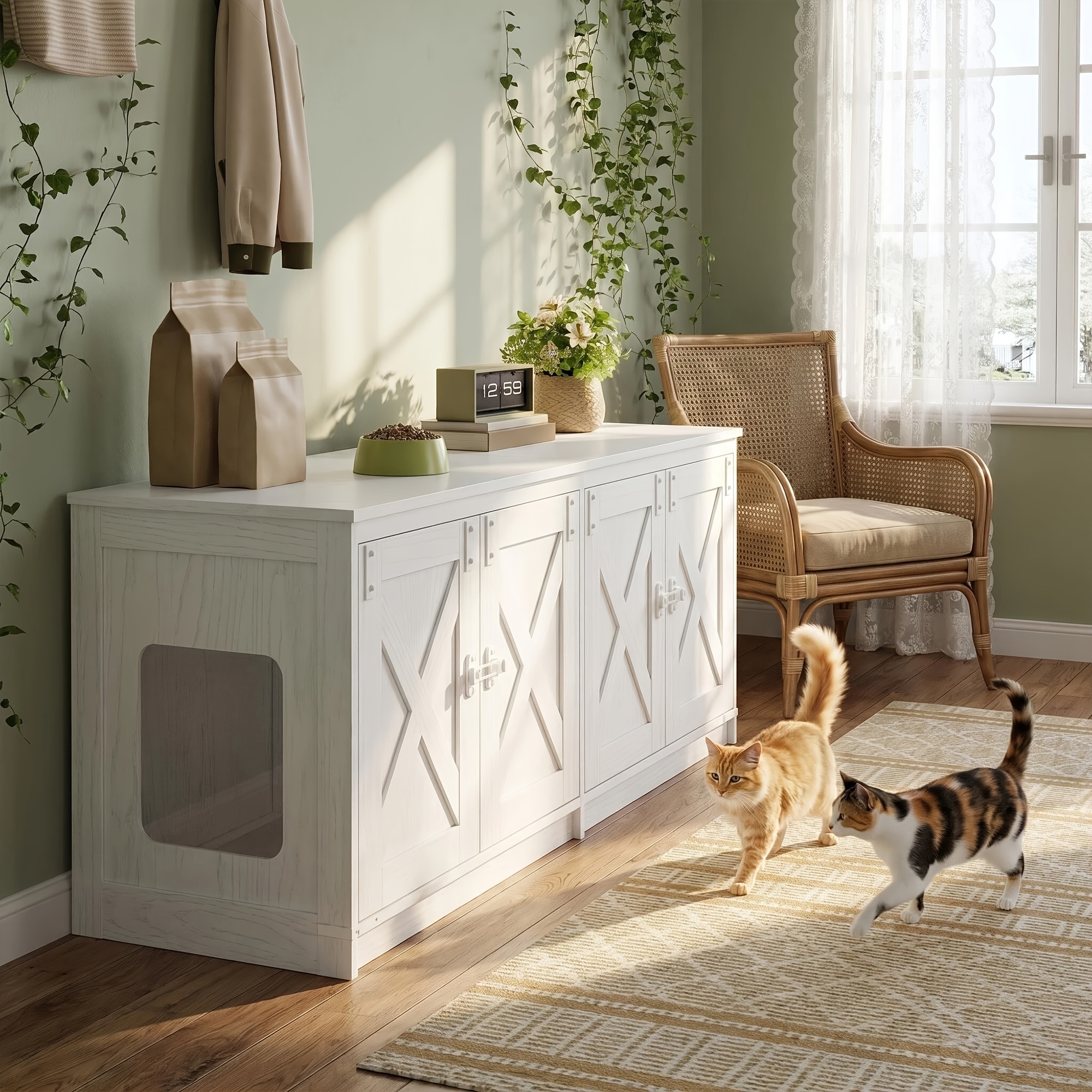 Image of Double-door Modern Cabinet With Concealed Litter Box Storage - Suitable For 2 Litter Trays, Two-tier Hidden Furniture For Indoor Use, Space- With Cabinets For Multi-room Placement, White For Or