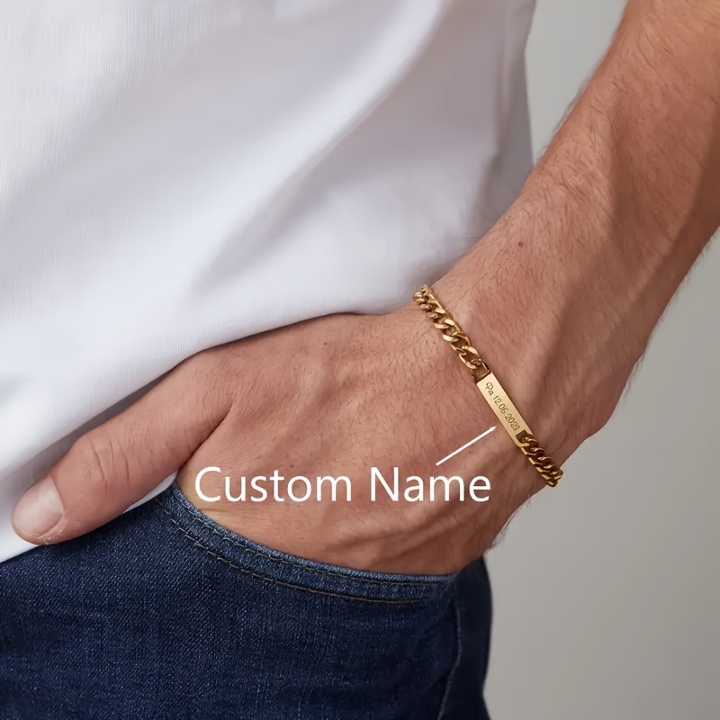 

Accessory, Custom Engraved Men' Steel Bracelet - Golden-tone Nameplate, Perfect Gift For Boyfriend