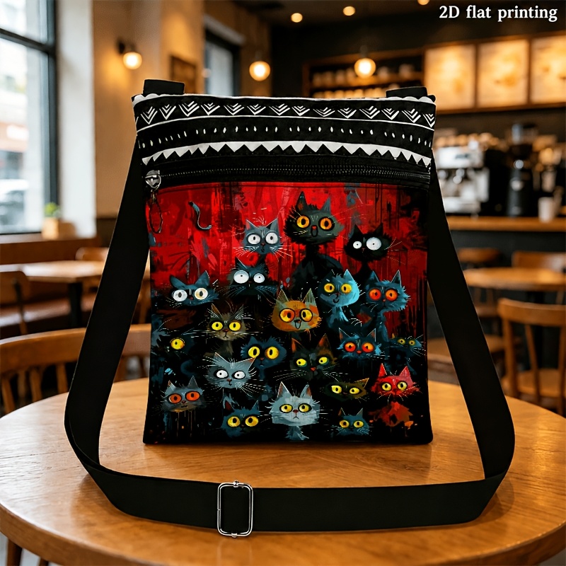 TEMU 1pc Dark Cute Cat Print Crossbody Bag Suitable For , Adjustable Strap & Zipper Closure, Unisex Bag With Kitten For Daily ,,, - Machine Washable