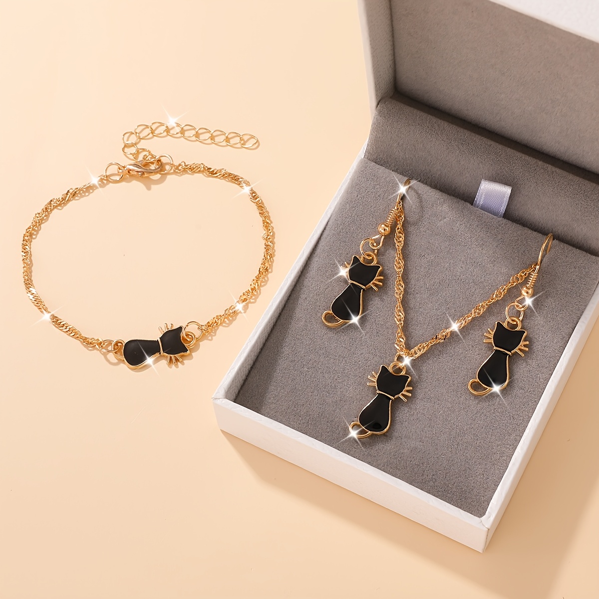 Image of 4pcs Women's Fashion Jewelry Set Cute Cat Suitable For Daily Matching