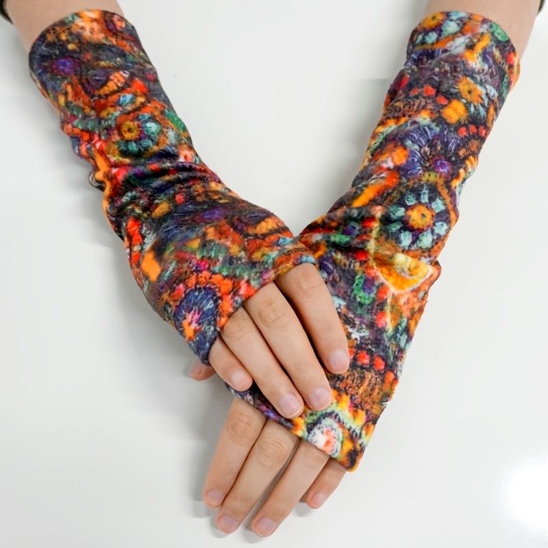 Women's Spring Autumn Winter Decorative Warm Print Plush Open-finger Extended Gloves