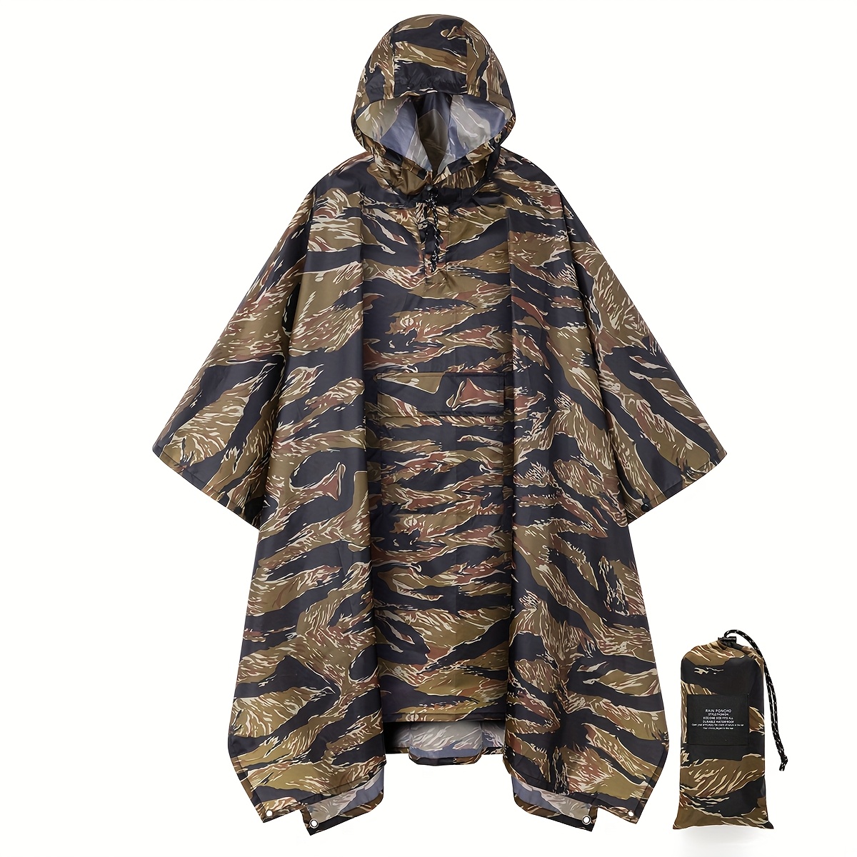 Hooded Camouflage Rain Poncho Waterproof Polyester Windbreaker Jacket for  Men Women, Adjustable Hood, Long Sleeves, Pockets, Outdoor Hunting