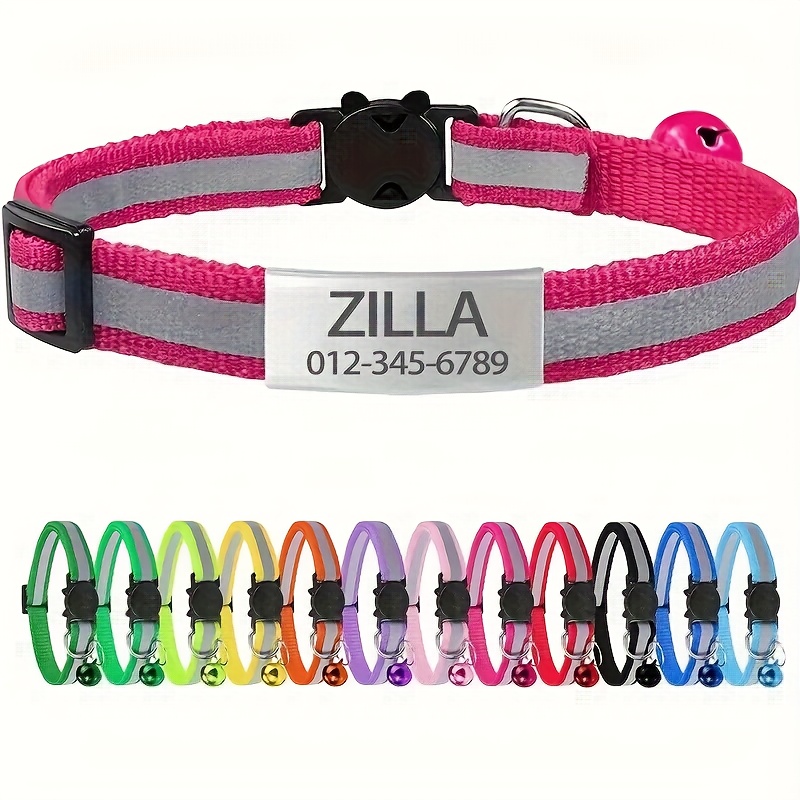 TEMU 1pc [Collar Personalizado para Gato] Collar Personalizado para Gato con Tira Reflectante - Grabado Personalizado de y Diseño de Gato, Ajustable,