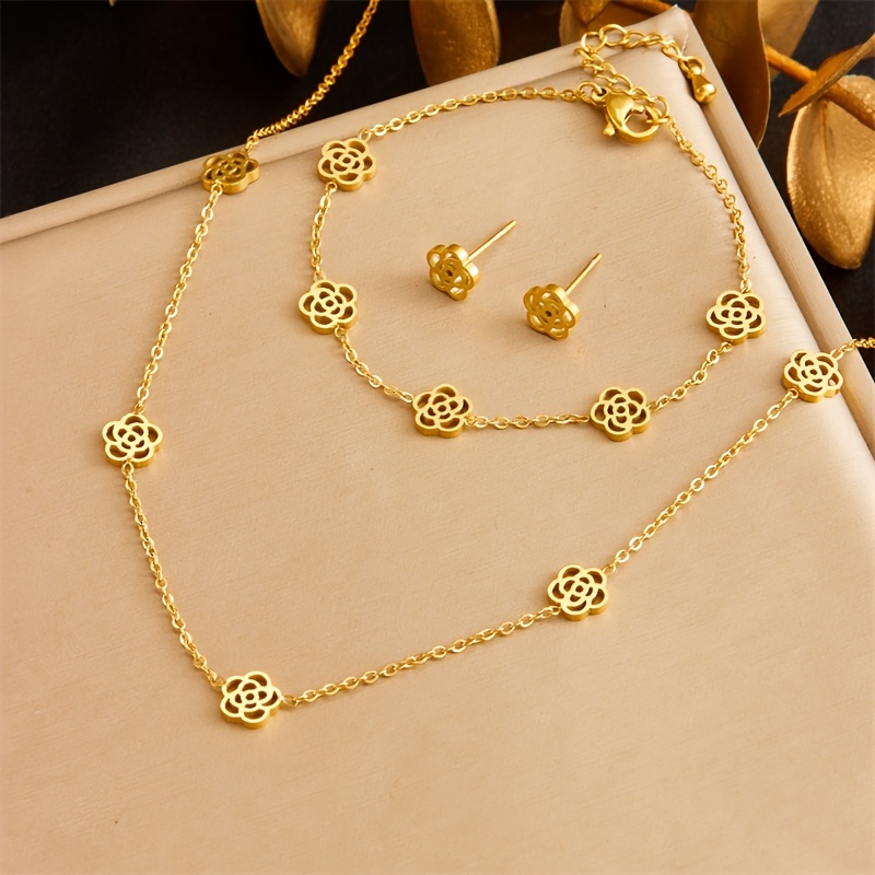 TEMU Ensemble de 3 pendentifs fleur en acier inoxydable 304, boucles d'oreilles dorées, bracelet et collier pour femmes, tempérament élégant et