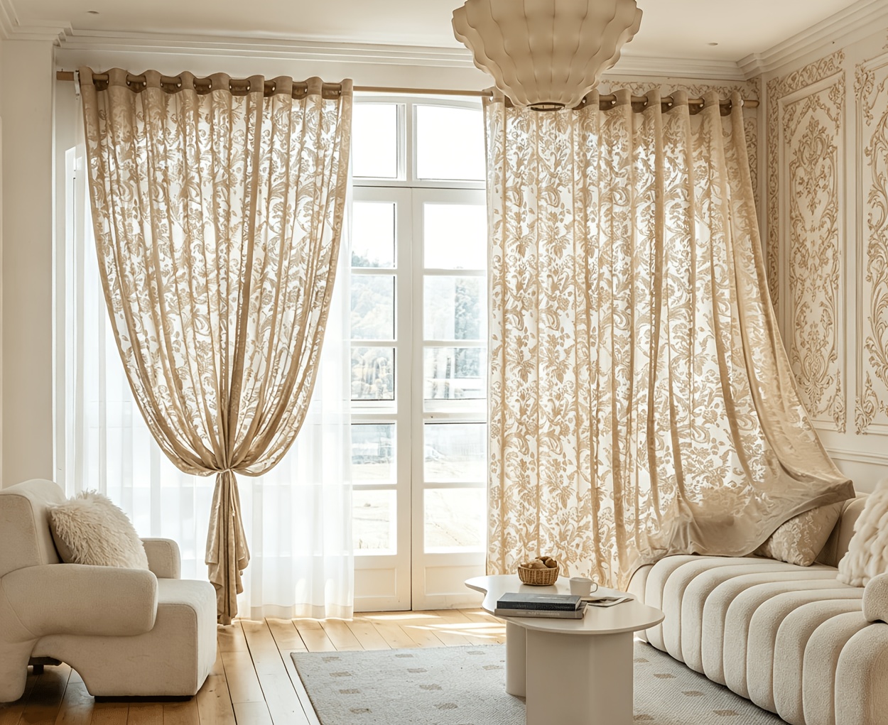 1 Panel Bohemian Baroque Semi-Sheer Curtain Panel - Creamy Transparent Lace Window Drapes with Jacquard Floral, Hanging Suitable for Bay Windows,, Filtering Panels, Installation for Rooms