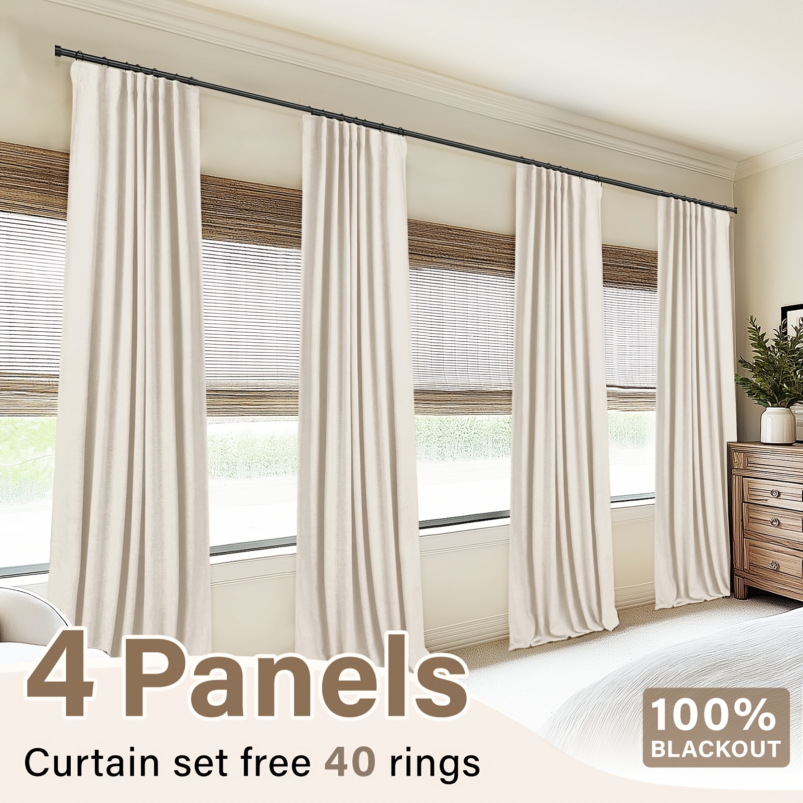 TEMU 4 Panels 100% Blackout Curtains For Living Room - Linen Textured Curtains 4 Panel Set- Complete Thermal Insulated Drapes For Bedroom With Clip