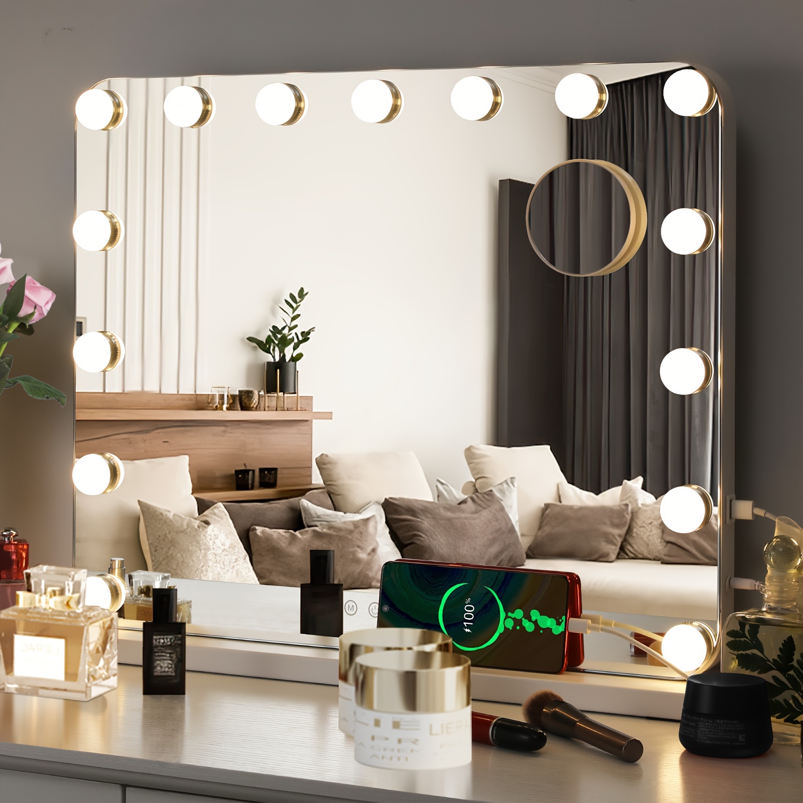 

Miroir de maquillage éclairé, 58x46cm Hollywood Miroir de table éclairé, 15 ampoules LED à intensité variable avec 3 modes de couleur, USB, miroir grossissant, coiffeuse ou miroir mural