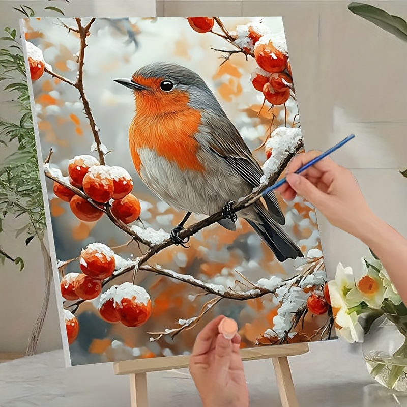 Image of Professional Art Use, 1pc Adult Number Painting Kit, Artistic Gift, Painting By Numbers, For Beginners - Includes Acrylic Paints, Canvas, 3pcs Brushes, And Manual | Acrylic Painting, Bird On Branch
