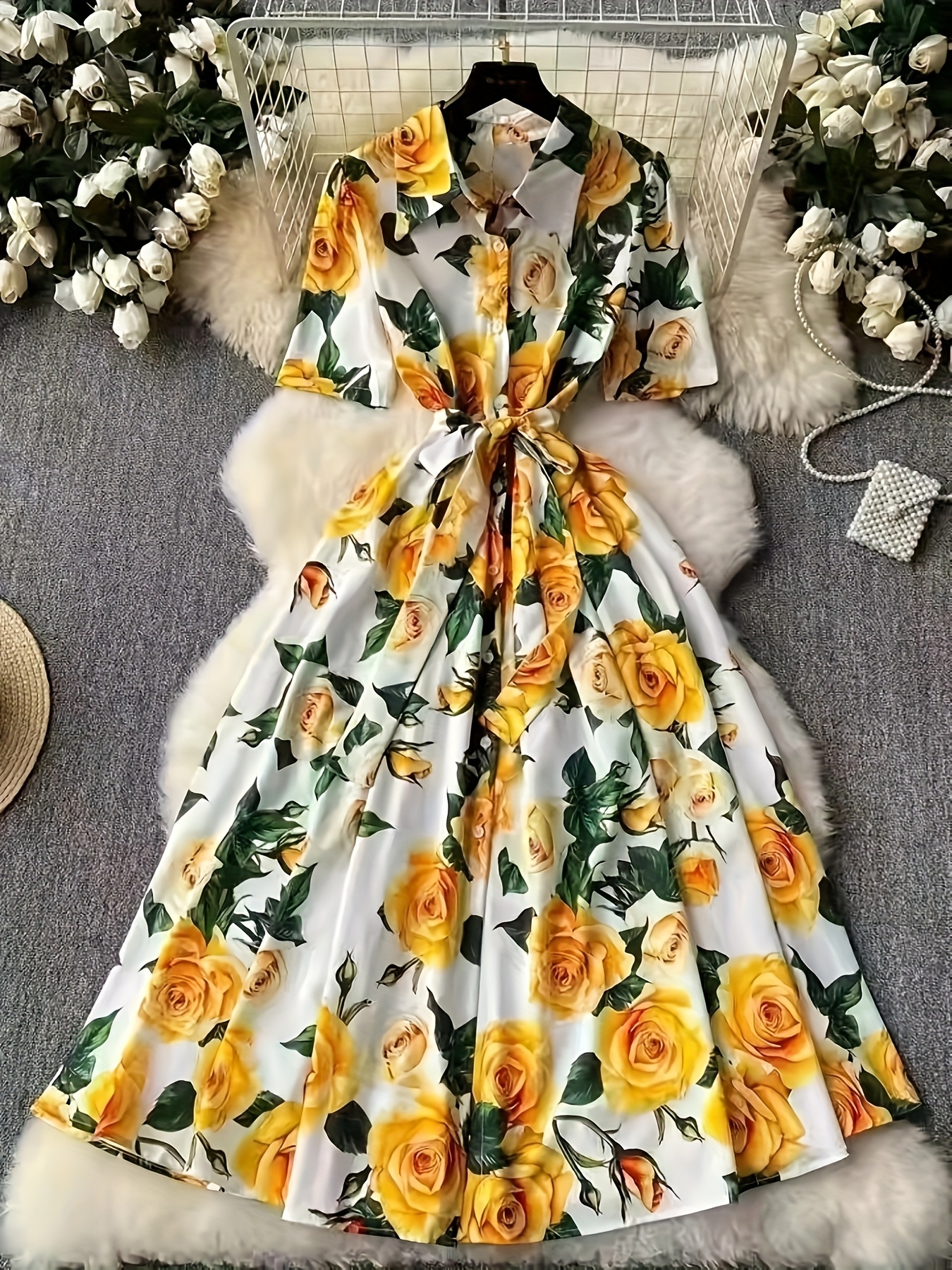 women's stylish floral print shirt dress belt casual short Temu