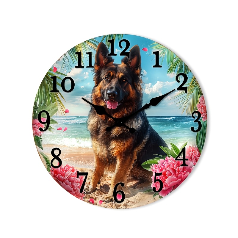 TEMU 1pc Silent Wall Clock Non-ticking Wooden, Decorative Circular Clock Glossy Lamination Finish German Shepherd On Beach With Flowers And Clock