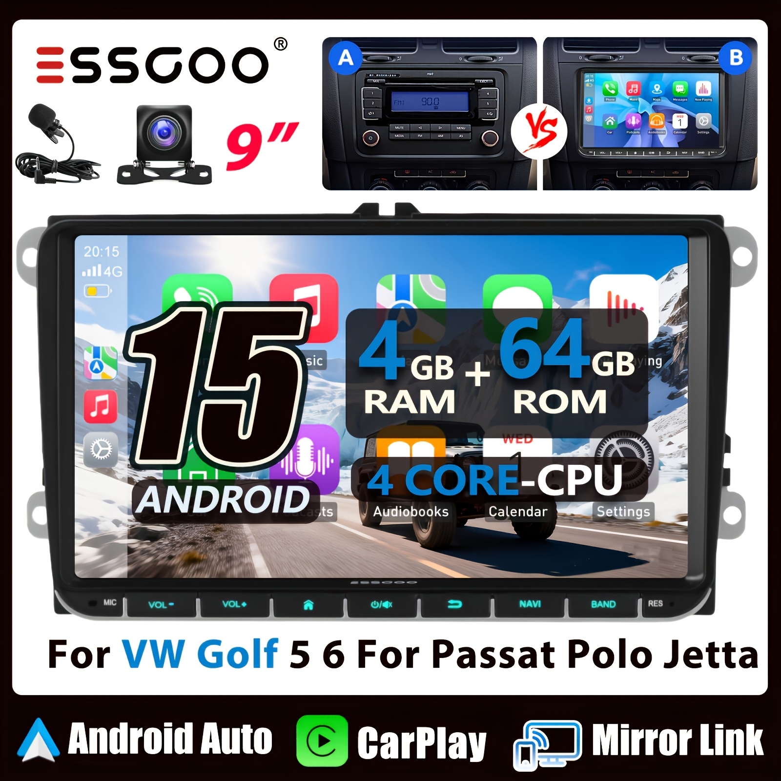 TEMU Essgoo 15 Car Stereo For Vw Golf 5 6 For Jetta | 9 Inch Ips Screen | 4gb 64gb Rom | & Auto | Support Can-bus & Steering Wheel Control | Wireless