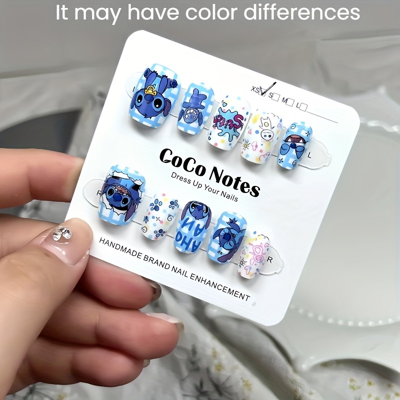 

10pcs Handmade Stitch-themed Press-on Nails, Medium Coffin Shape, Cartoon Nail Art, Fake Nails Set For Women And Girls, Reusable Plastic False Nails For Parties And Use