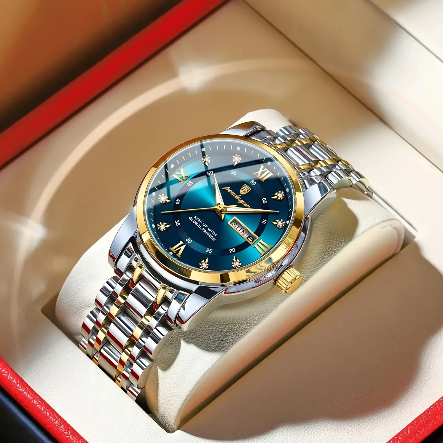 

Elegant Date Week Waterproof Luminous Men's Quartz Watch, Stainless Steel Sports Watches