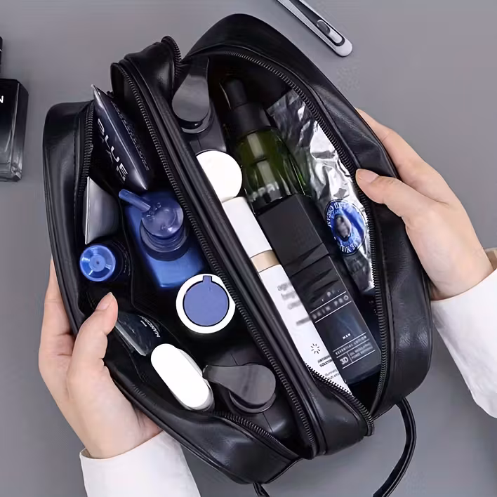 stylish unisex toiletry bag portable wash organizer with zipper closure deep brown use toiletry travel bag Product details 1