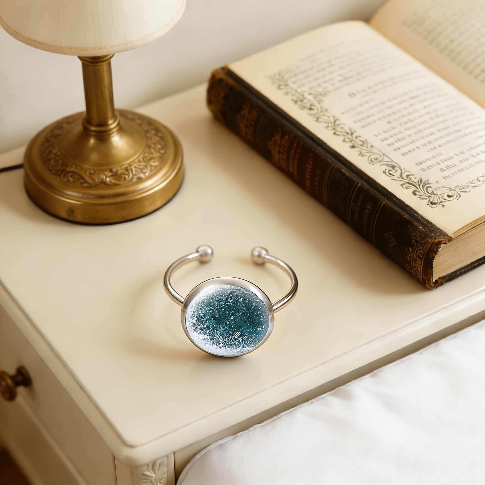 Colored Glass Inlaid Open Ring with Abstract Design