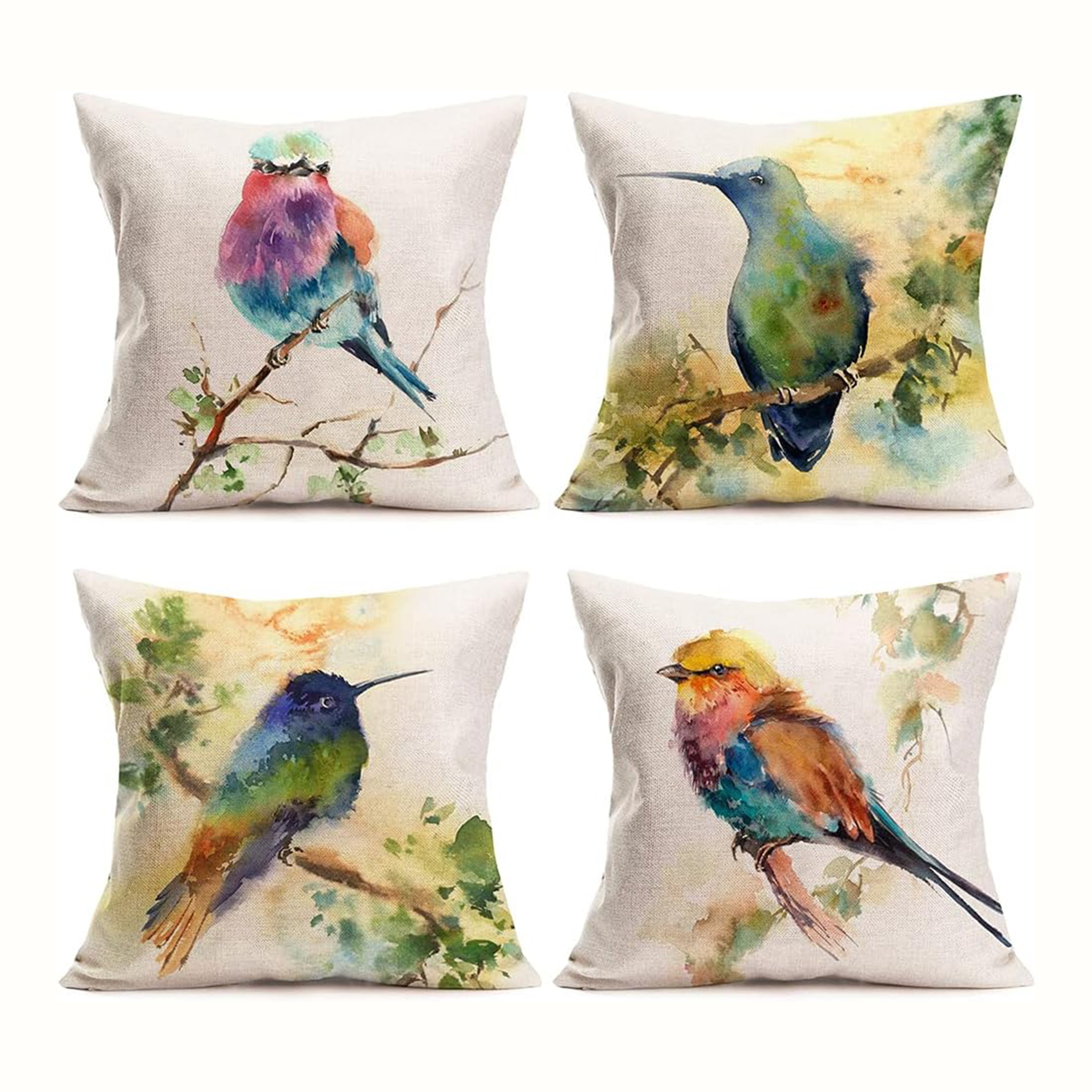 

Watercolor Birds Linen Throw Pillow Covers 4pc Set - Contemporary Zipper Closure Decorative Cushion Cases For Room Types, Machine Washable, Single Sided, 16x16 18x18 20x20 Inches, No Insert