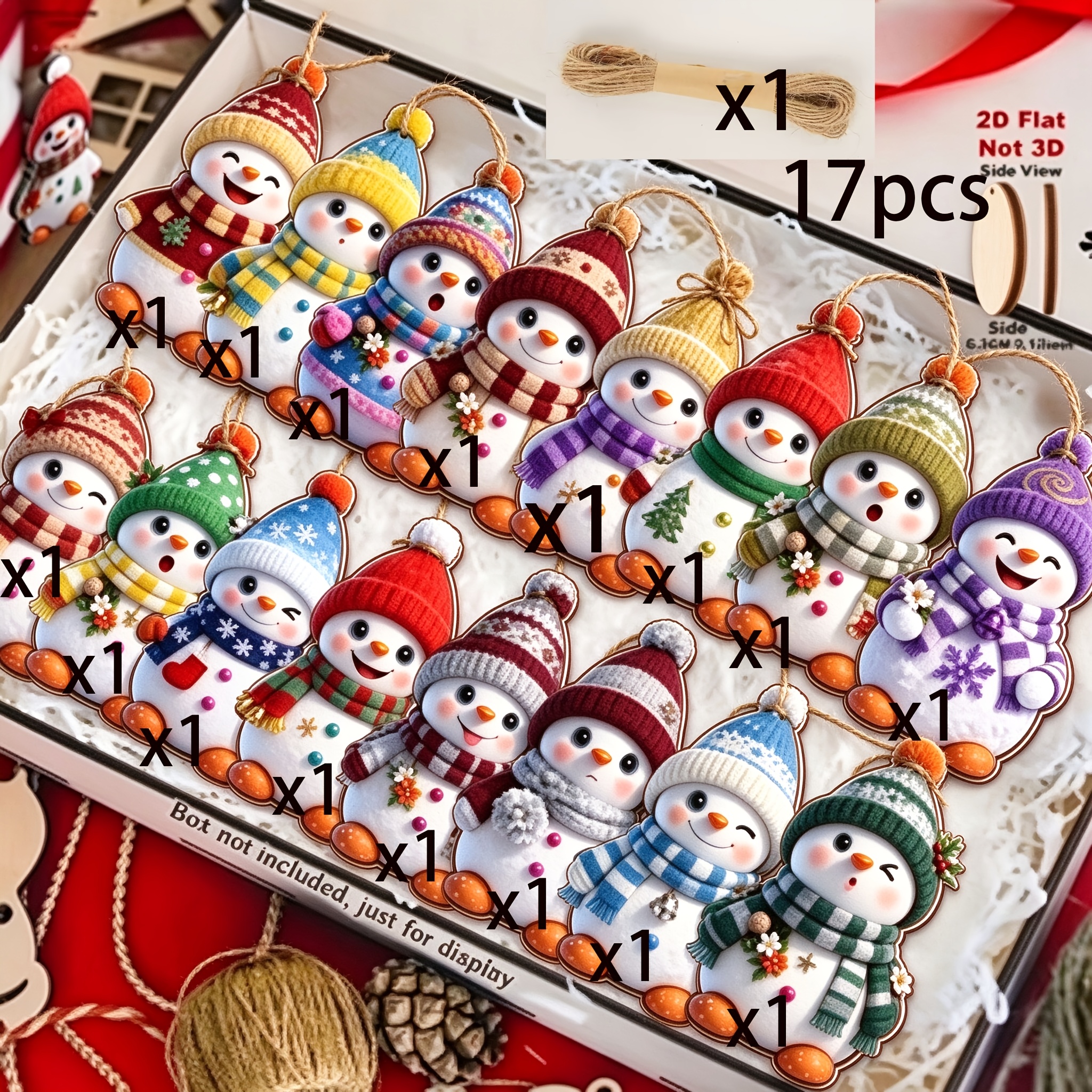 Image of 2d Flat - 17pcs 2d Flat Wooden Christmas Snowman Ornament Set, Christmas Tree Hanging Decorations, Christmas Decorations, Festive Celebration Hanging Decorations, Christmas Decoration/gift Decoration