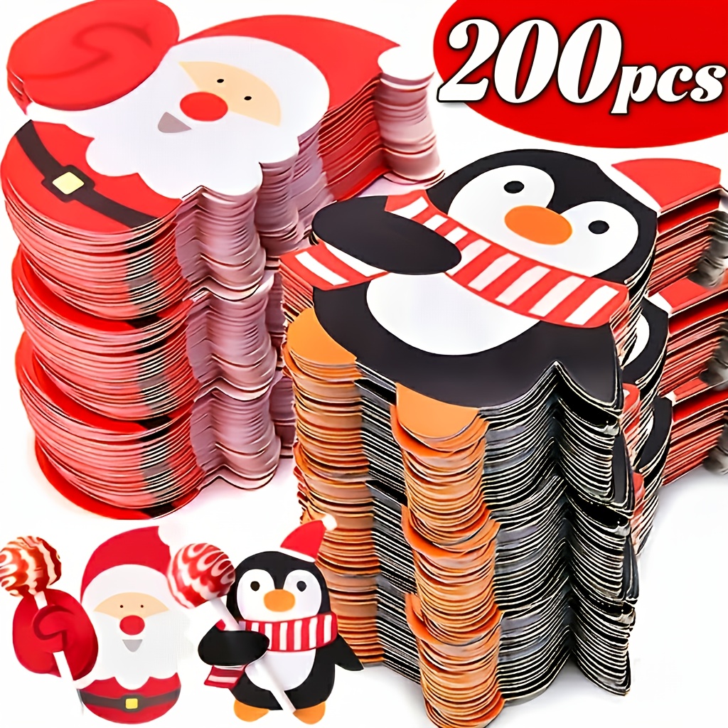 TEMU A Set Of 200 Christmas Lollipop Greeting Cards Featuring Santa Claus, Penguins, And Snowmen Cutouts, With Red And White Checkered Bows And