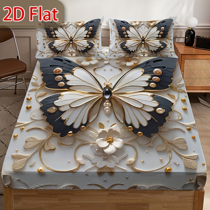 TEMU 2d Flat Four-season Bedspread Set, Black And Gold Contrast Color + Andbutterfly Print, Extremely , Designed For Teenagers Of Genders With