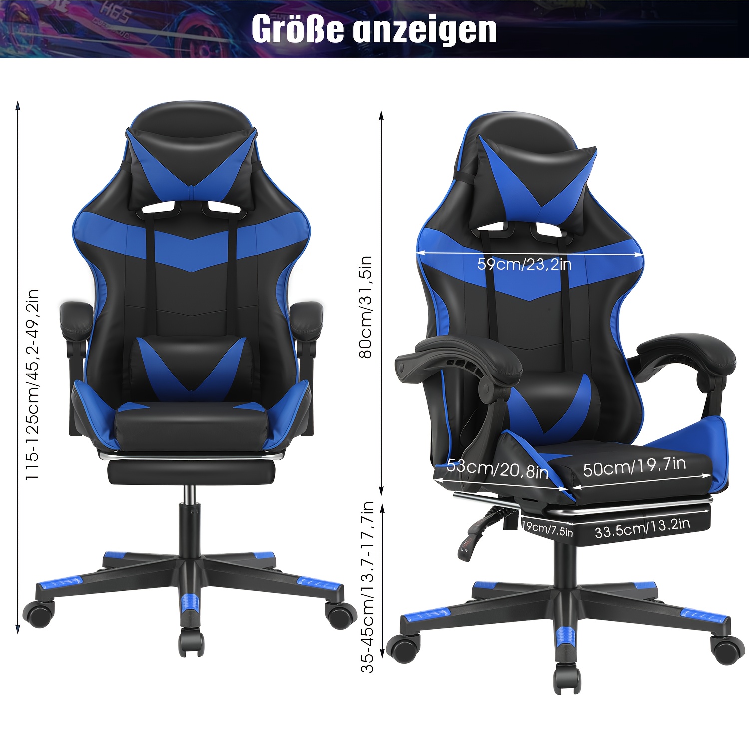 Ergonomische gamingstoel met lendensteun, hoofdsteun en voetensteun