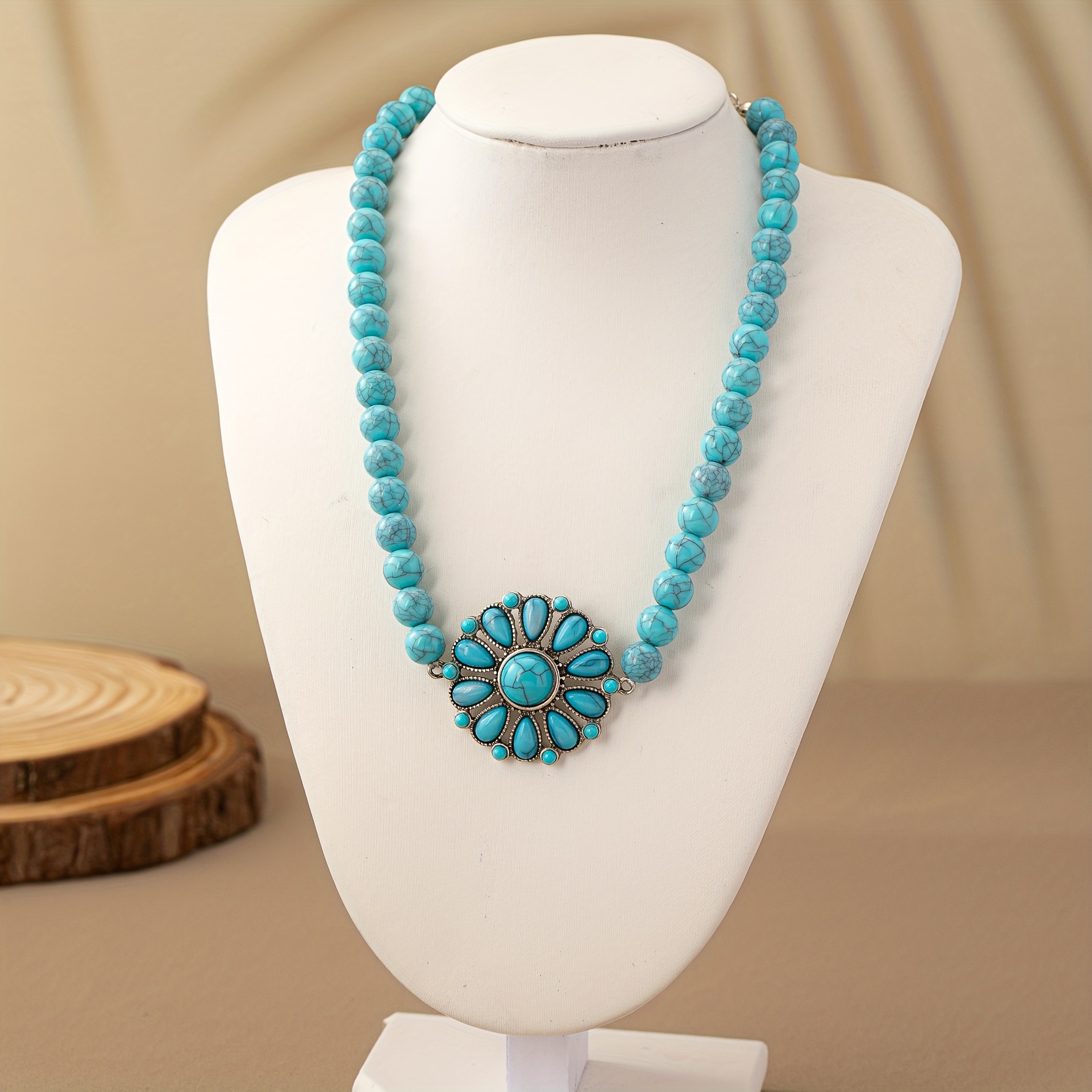 Boho Style Green Turquoise Flower Pendant Necklace