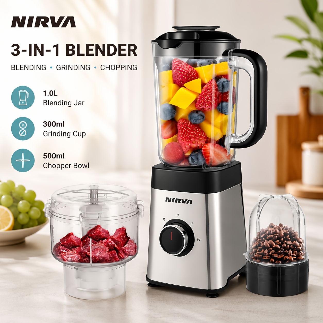 Image of Nirva 3in 1 Electric Blender, 380w High Speed Countertop Blender With Food Processor & Coffee Grinder, 3 Adjustable , Stainless Steel, For Smoothies, Juices, Meat, Spices, Nuts, Home Kitchen